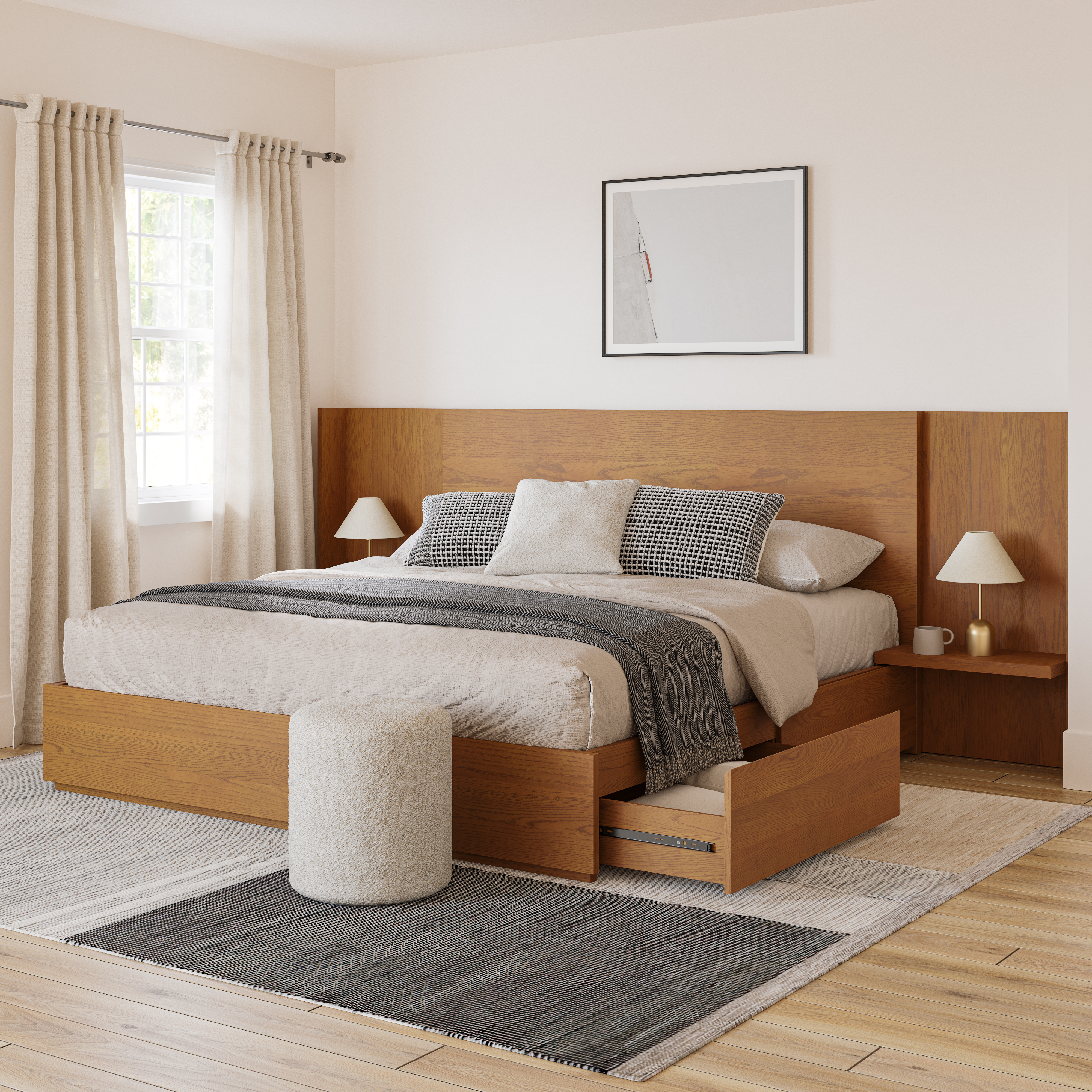 Leif King Storage Bed with Nightstands Set Smoked Oak