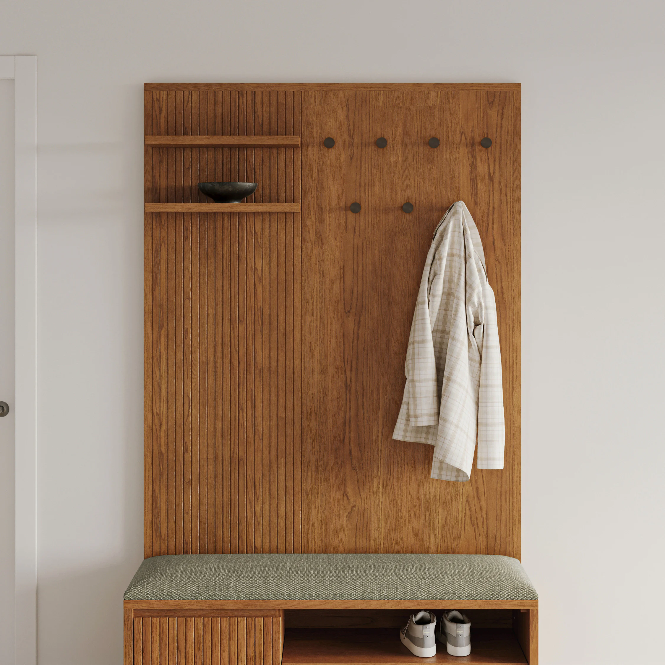 Kouva 47" Bench and Wall Panel Storage Set - Smoked Oak and Algonquin Green