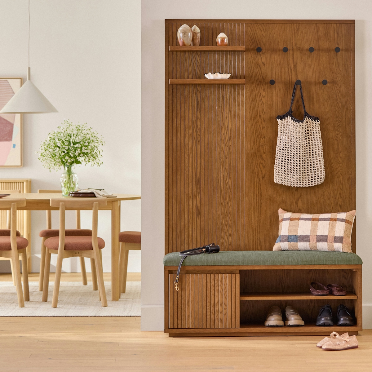 Kouva Smoked Oak Wall Tree Storage Panel with Shelves, Matte Black