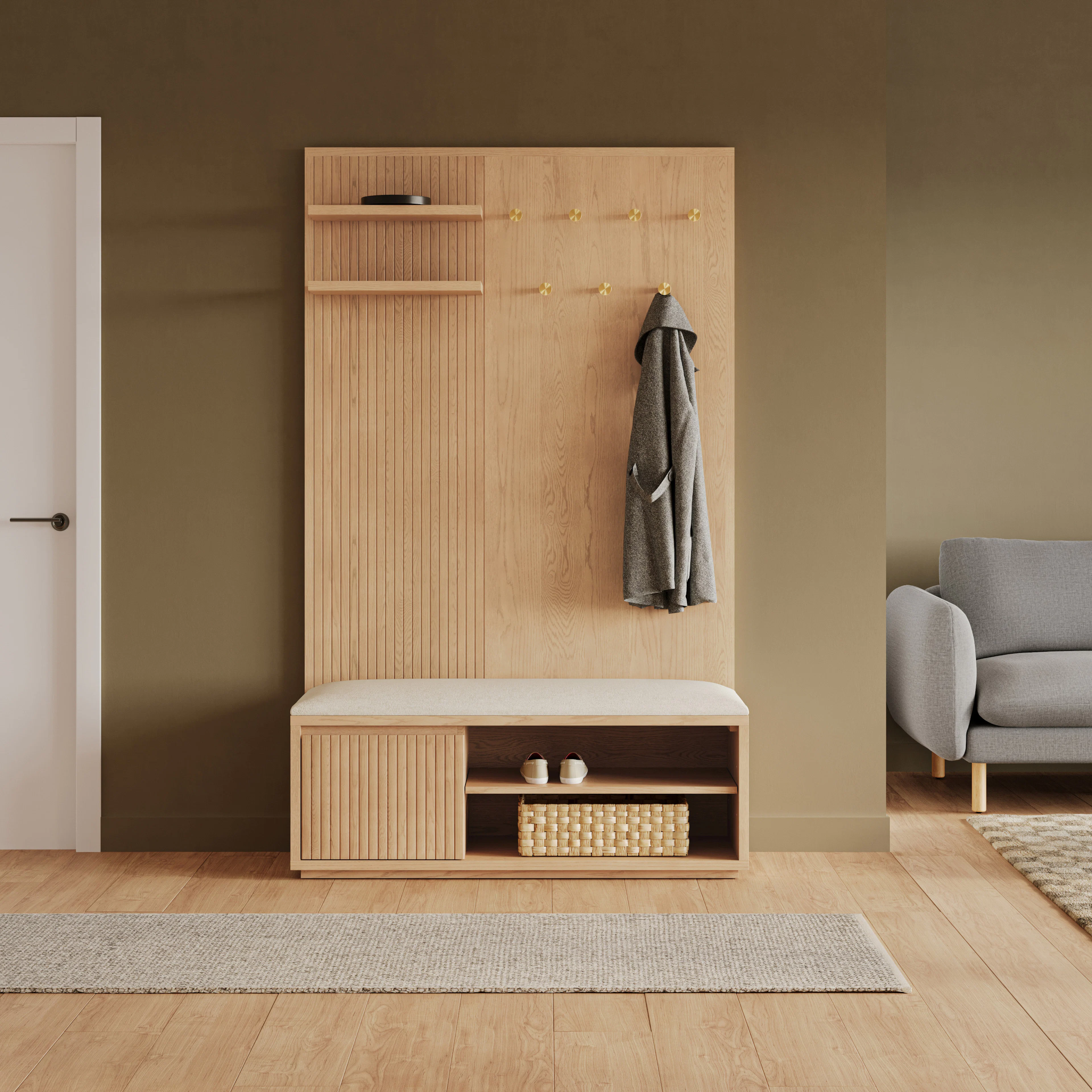 Kouva 47" Bench & Wall Panel Storage Set - Oak & Gray