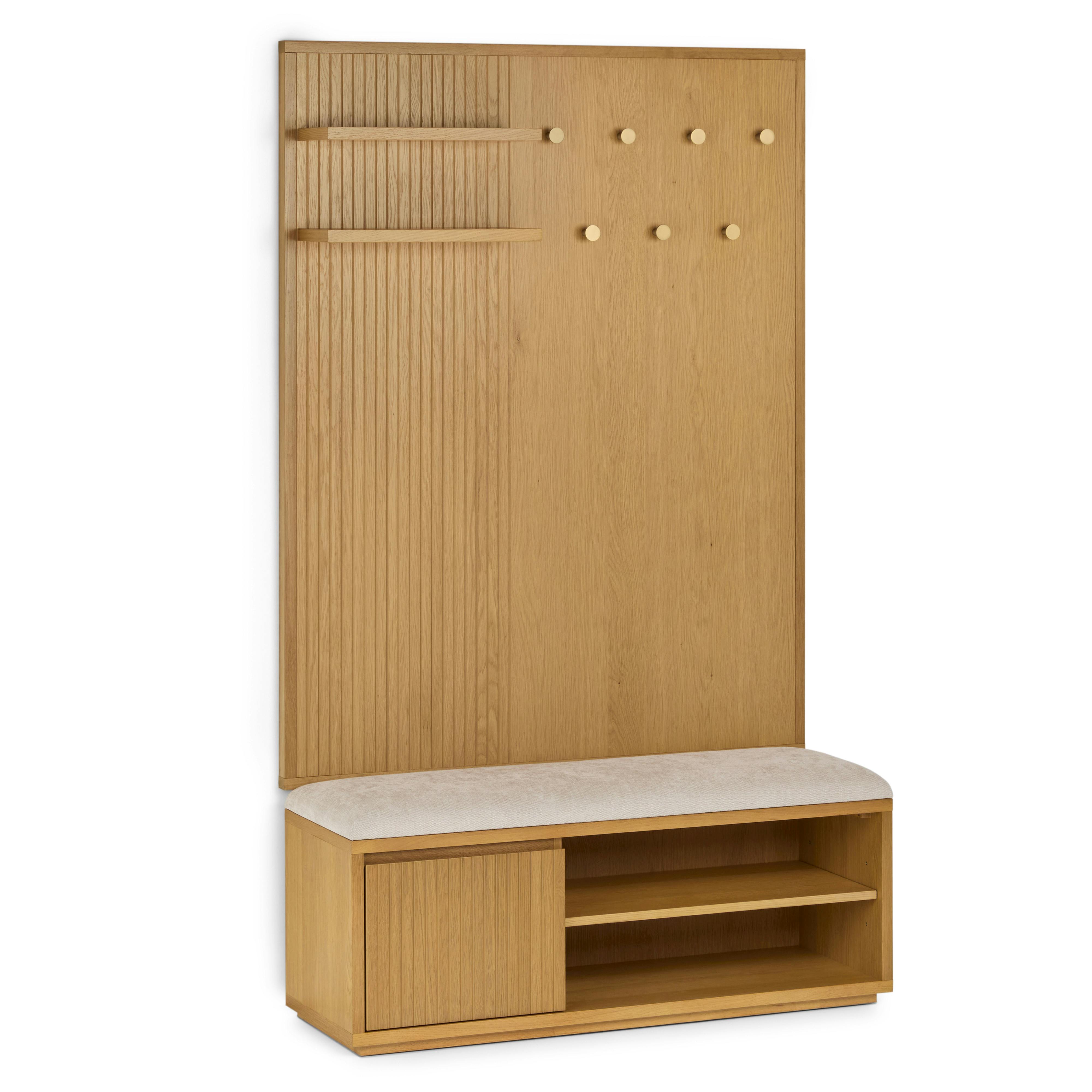 Kouva Natural Oak Wall Tree Storage Panel with Shelves, Brass Coat