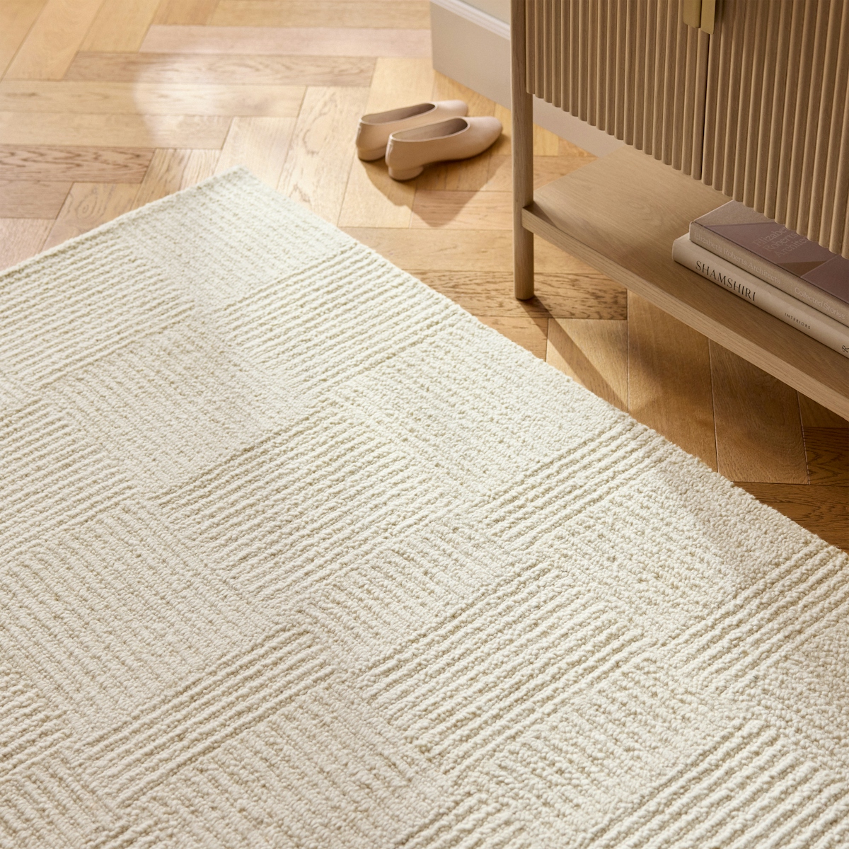 Clyde Ivory Textured Wool Rug, 5' x 8', Grid Pattern | Article