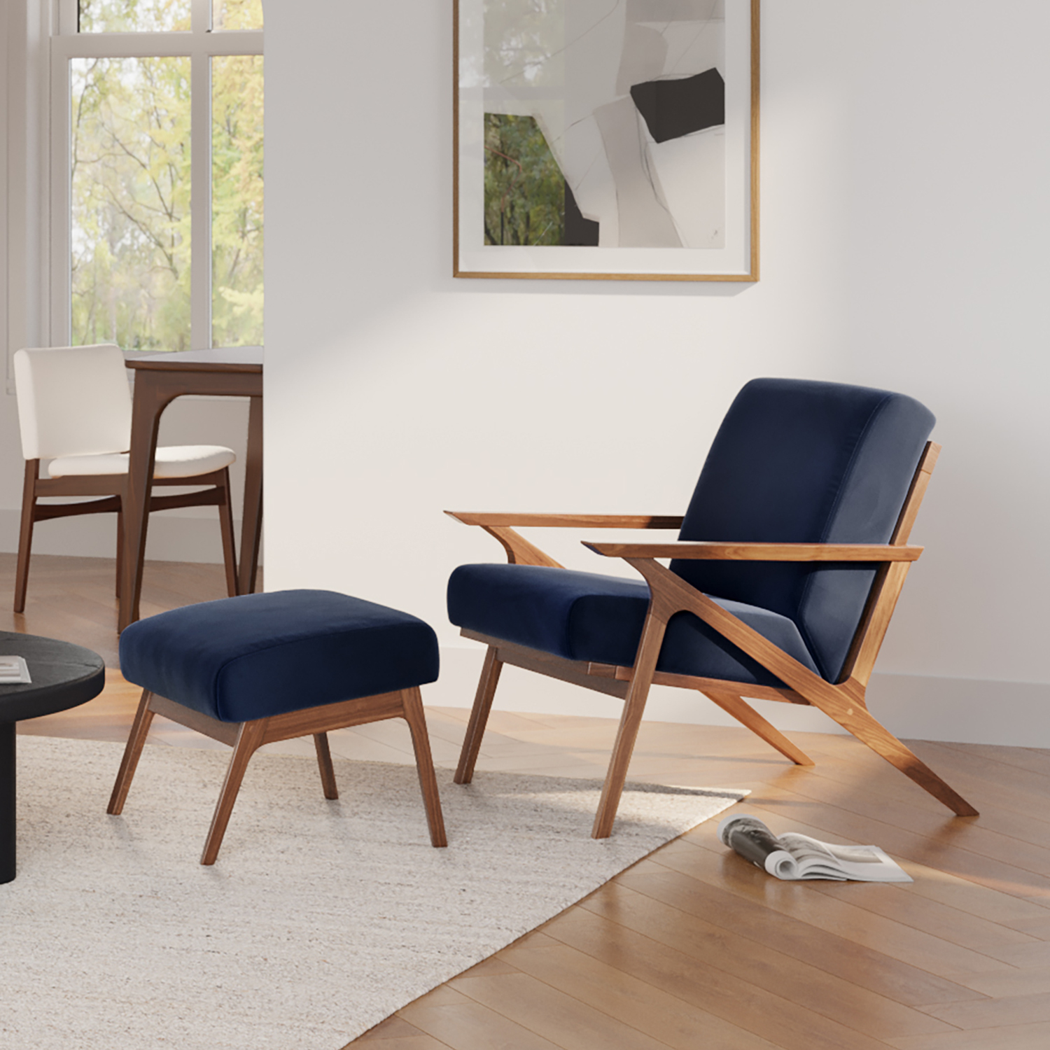 Otio Hale Ink Blue Velvet and Walnut Lounge Chair and Ottoman Set