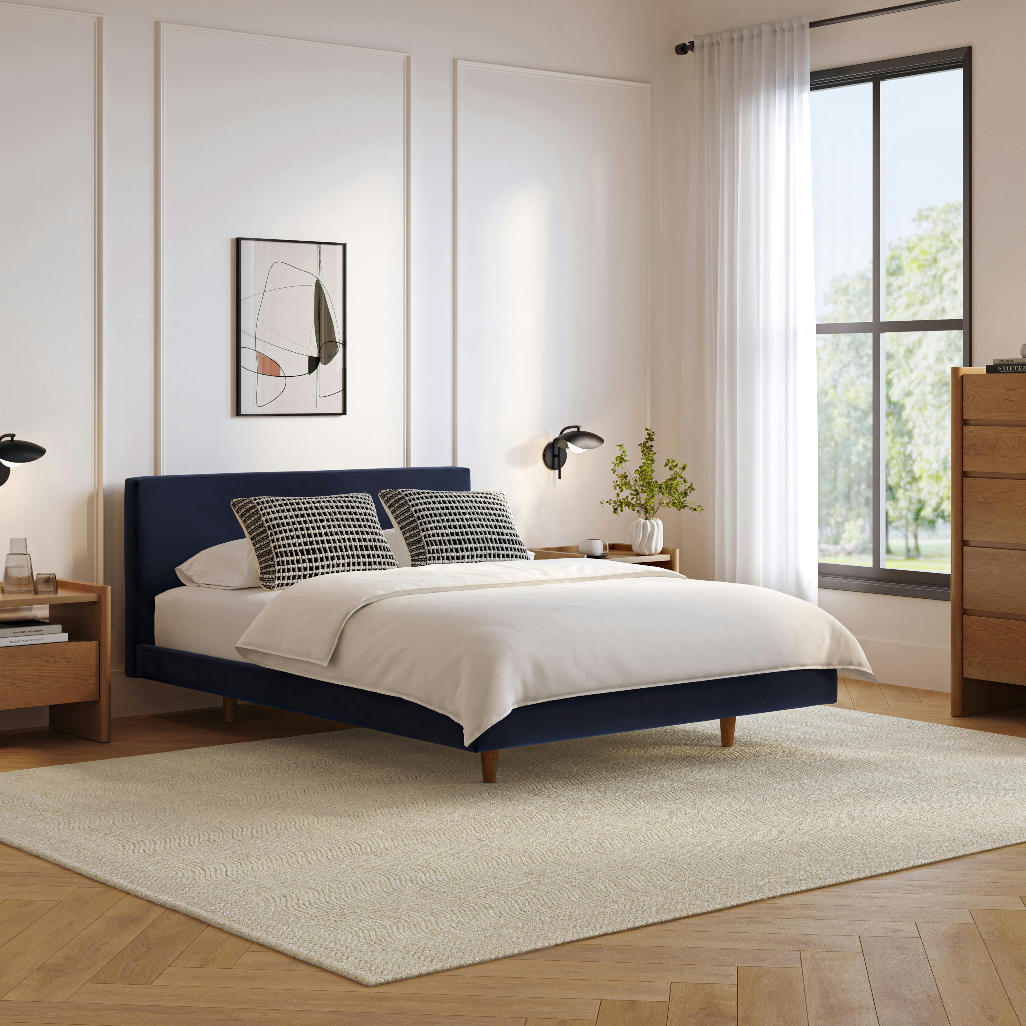 Sculptural curved velvet bed headboard in hale ink