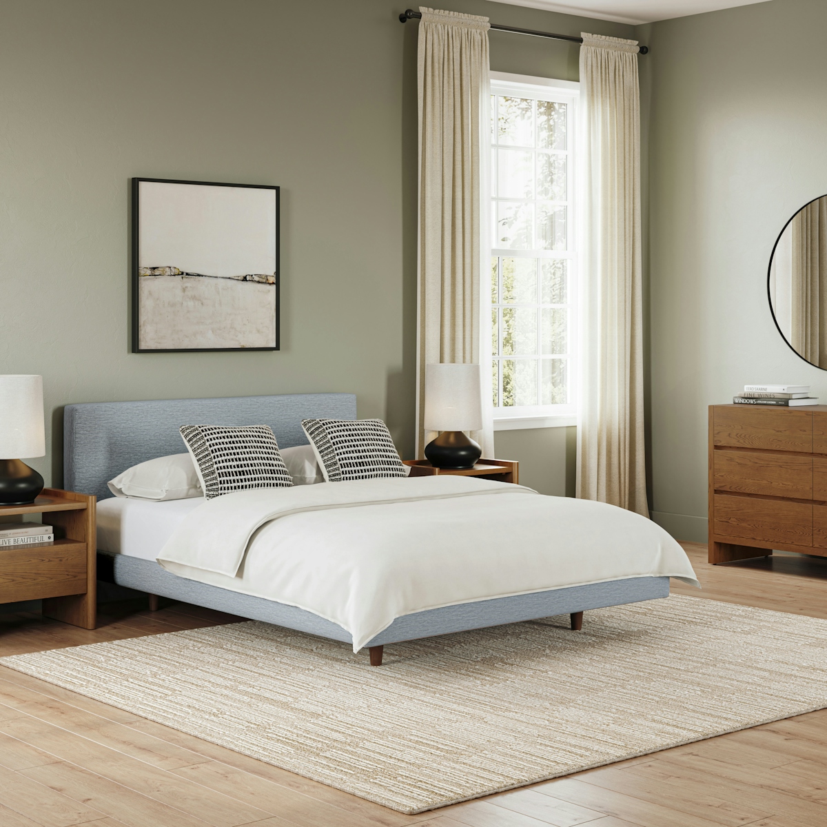 Tessu Silver Light Blue Upholstered Queen Low Profile Upholstered Bed ...