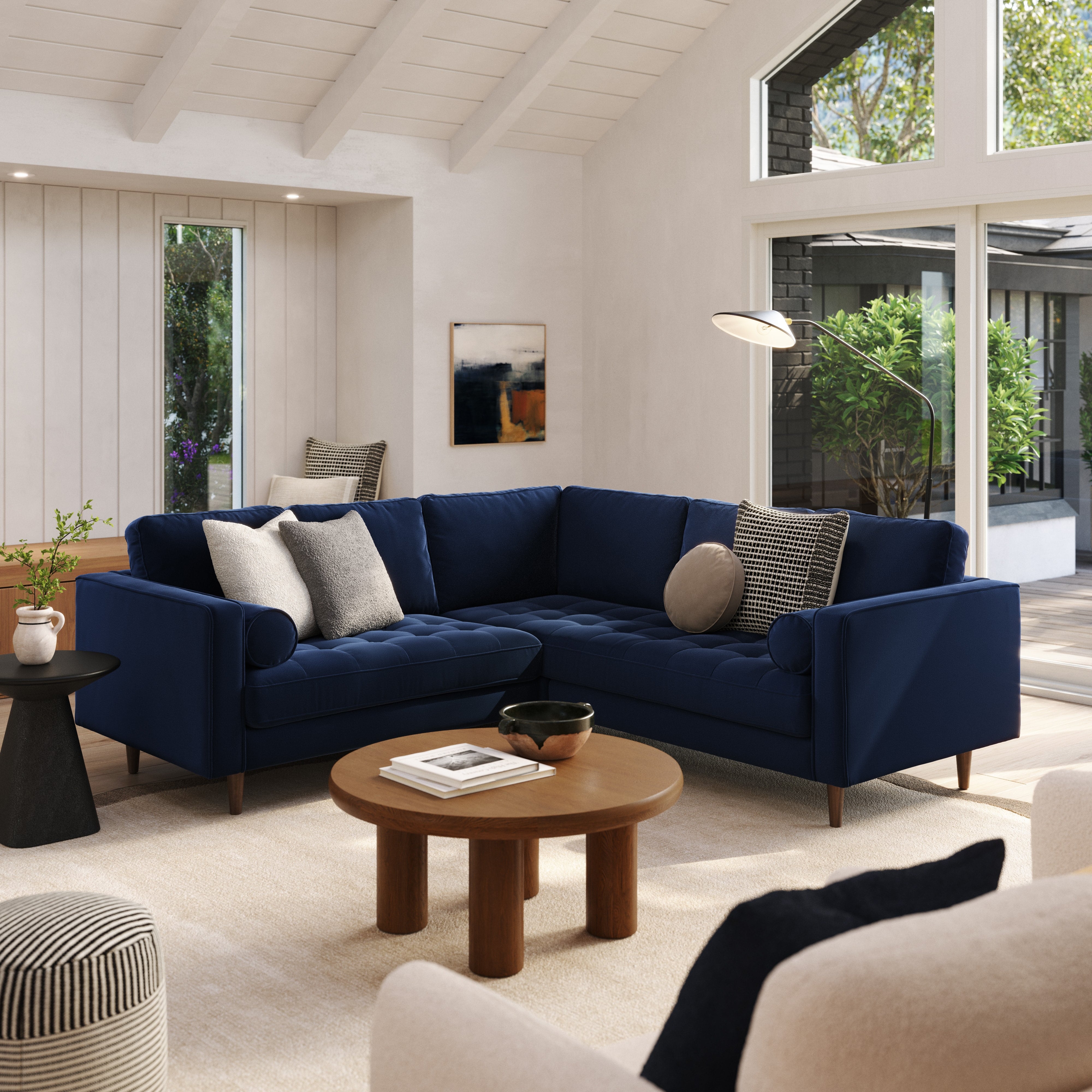 Sven Plush Cascadia Blue Tufted Velvet Small Corner Sectional Sofa