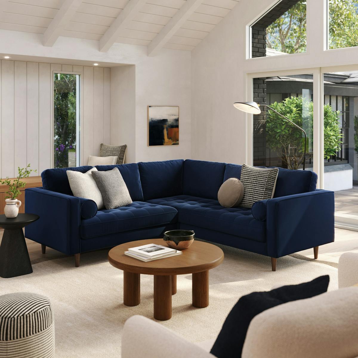 Sven Plush Cascadia Blue Tufted Velvet Small Corner Sectional Sofa 