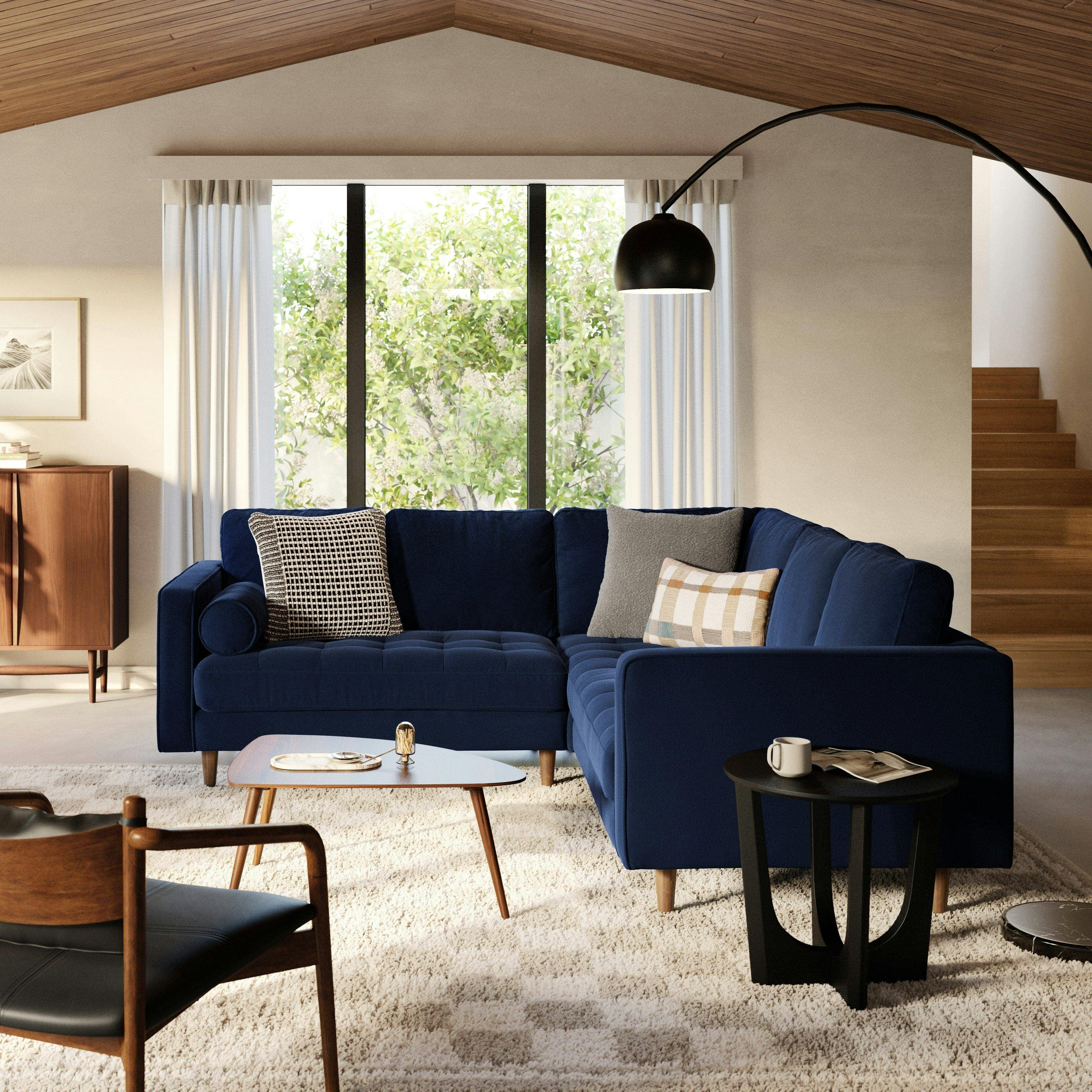 Sven Plush Cascadia Blue Tufted Velvet Small Corner Sectional Sofa