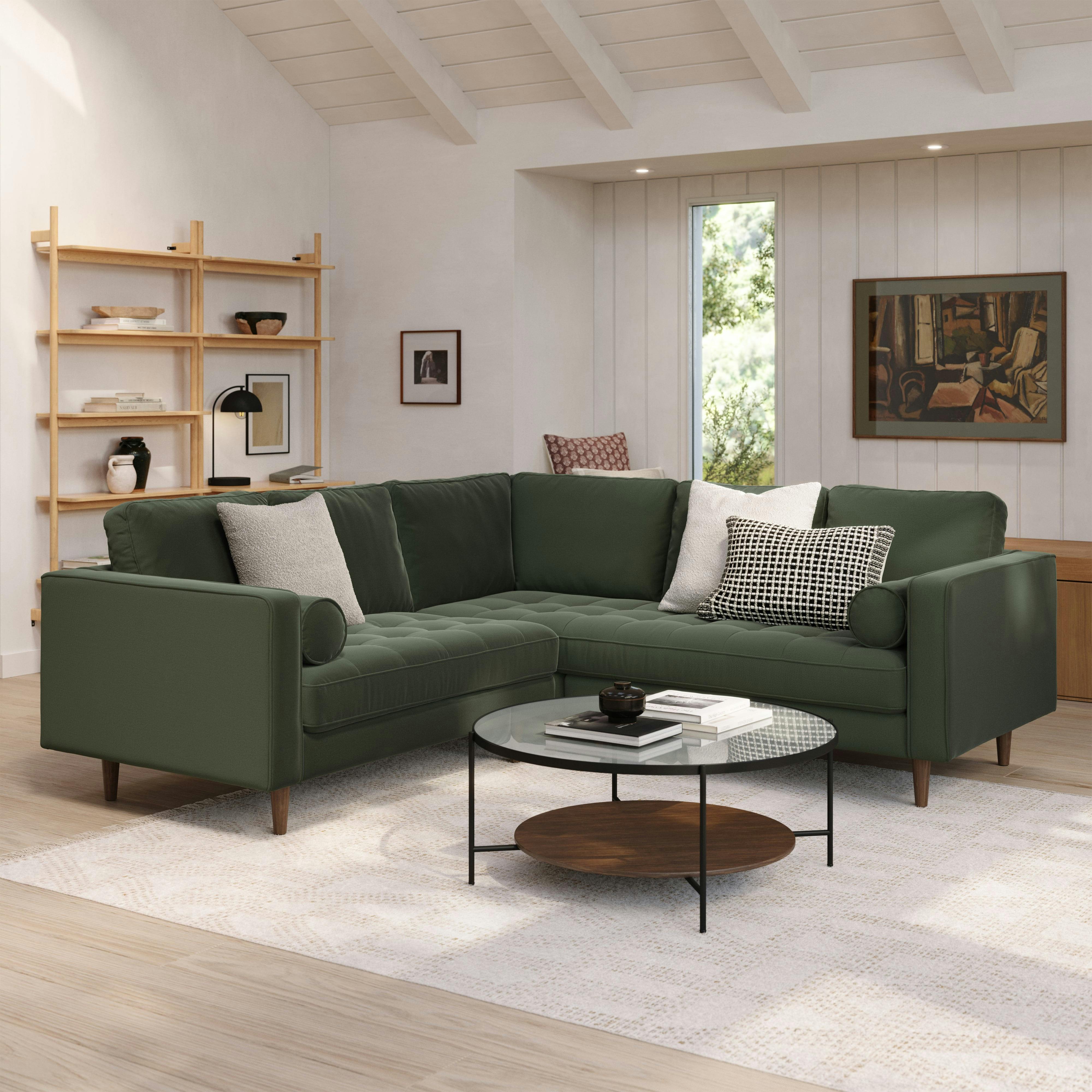 Sven Plush Pacific Green Tufted Velvet Small Corner Sectional Sofa
