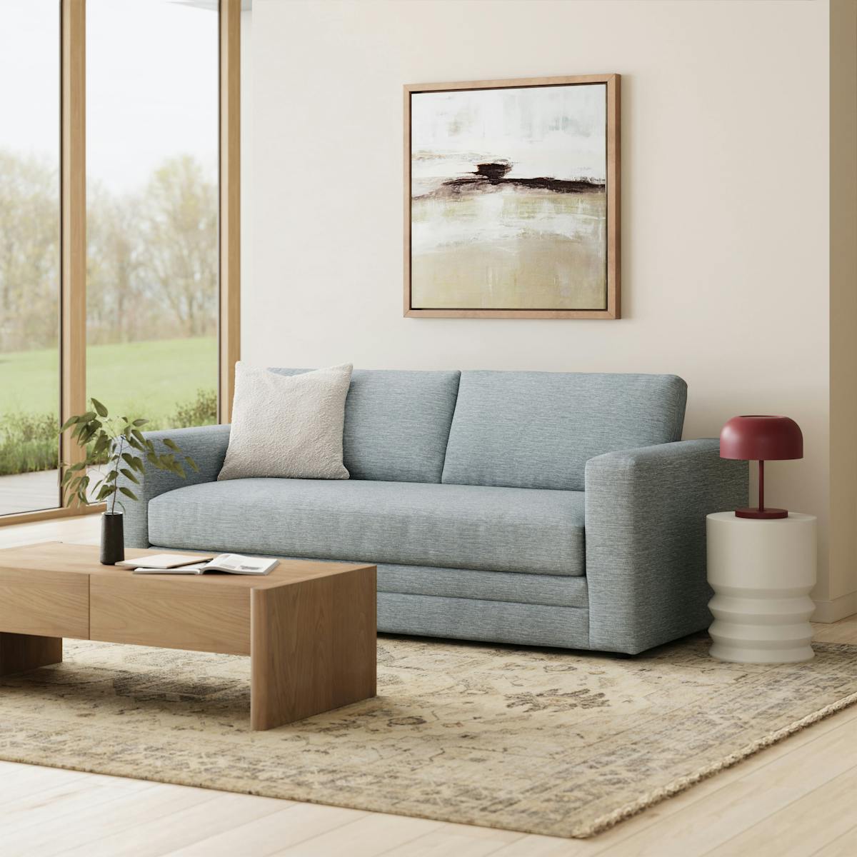 Light Blue Upholstered Storage Sofa, Under Seat Storage, Performance Fabric, Made-to-order, Scandinavian Design