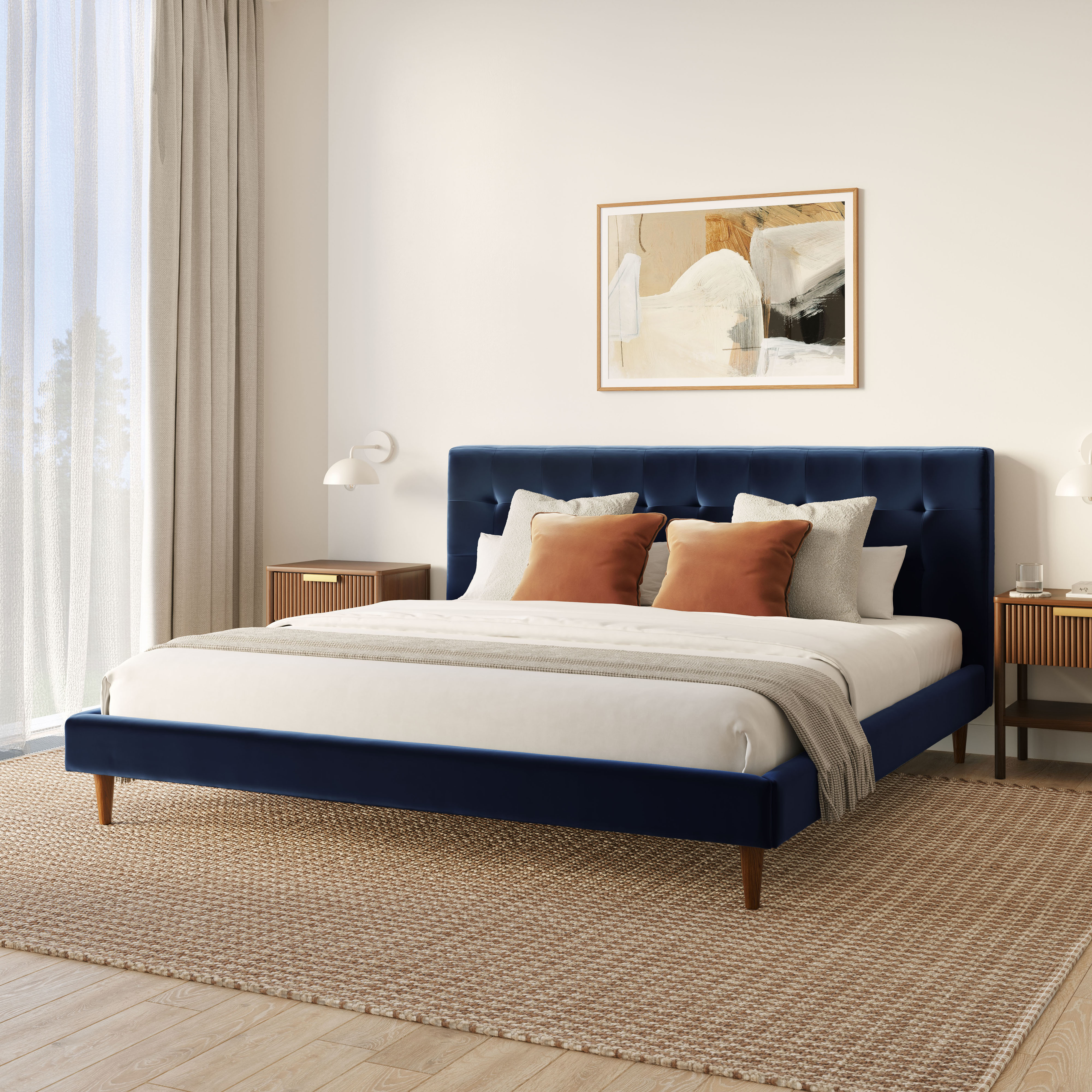 バスライトイヤー　(ウォルナット) 2脚 Sven Plush Cascadia Blue Velvet King Size Bed with Tufted