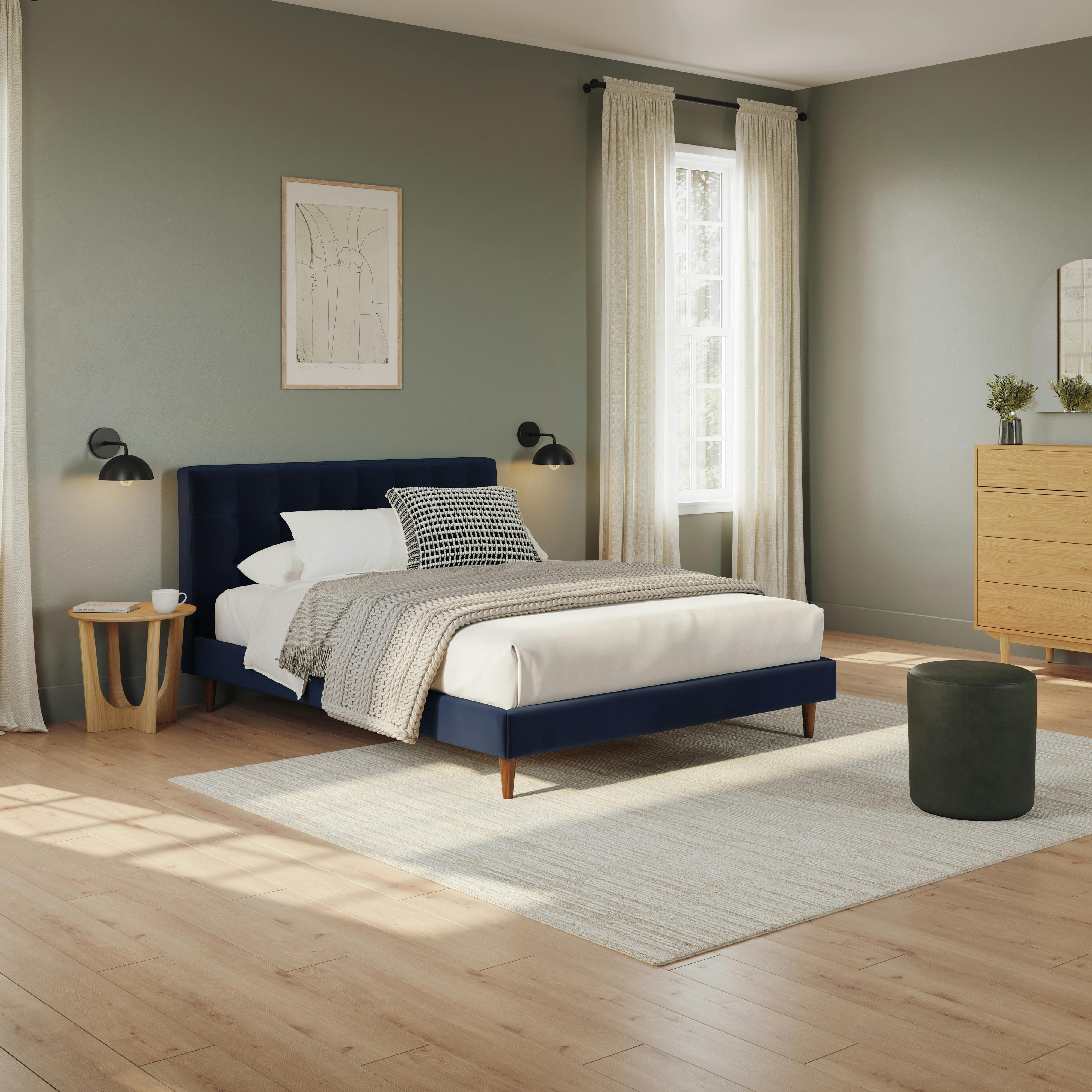 Sven Plush Cascadia Blue Velvet Queen Size Bed with Tufted