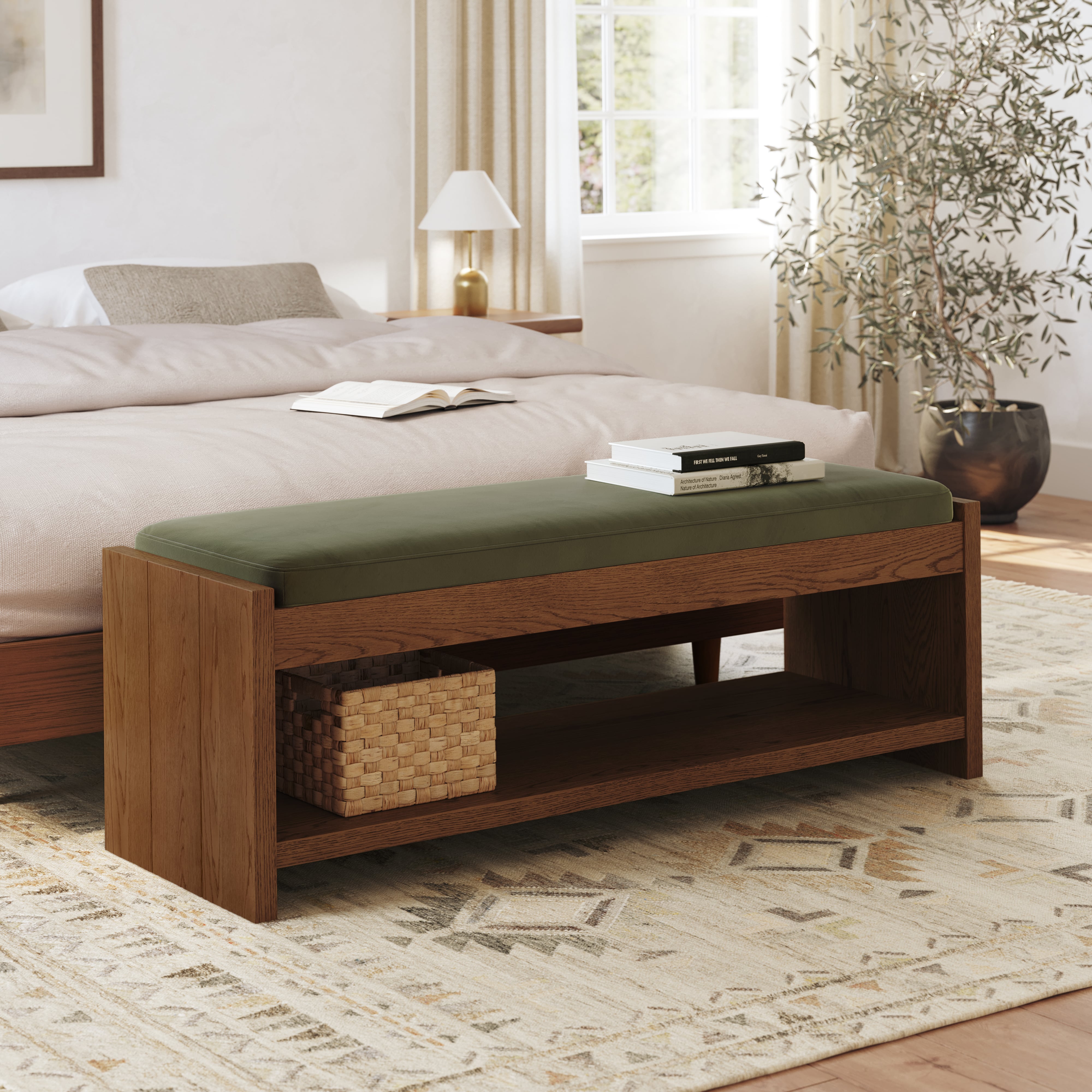 Cassie Hale Fir Green Velvet & Oak Bench | Article
