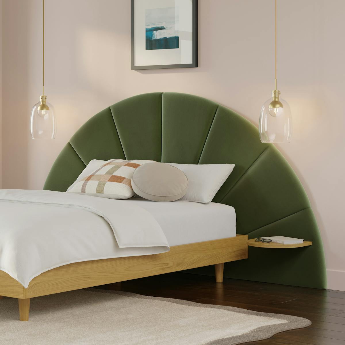 Almelo Full Serrano Green Velvet Headboard + Oak Nightstands | Article