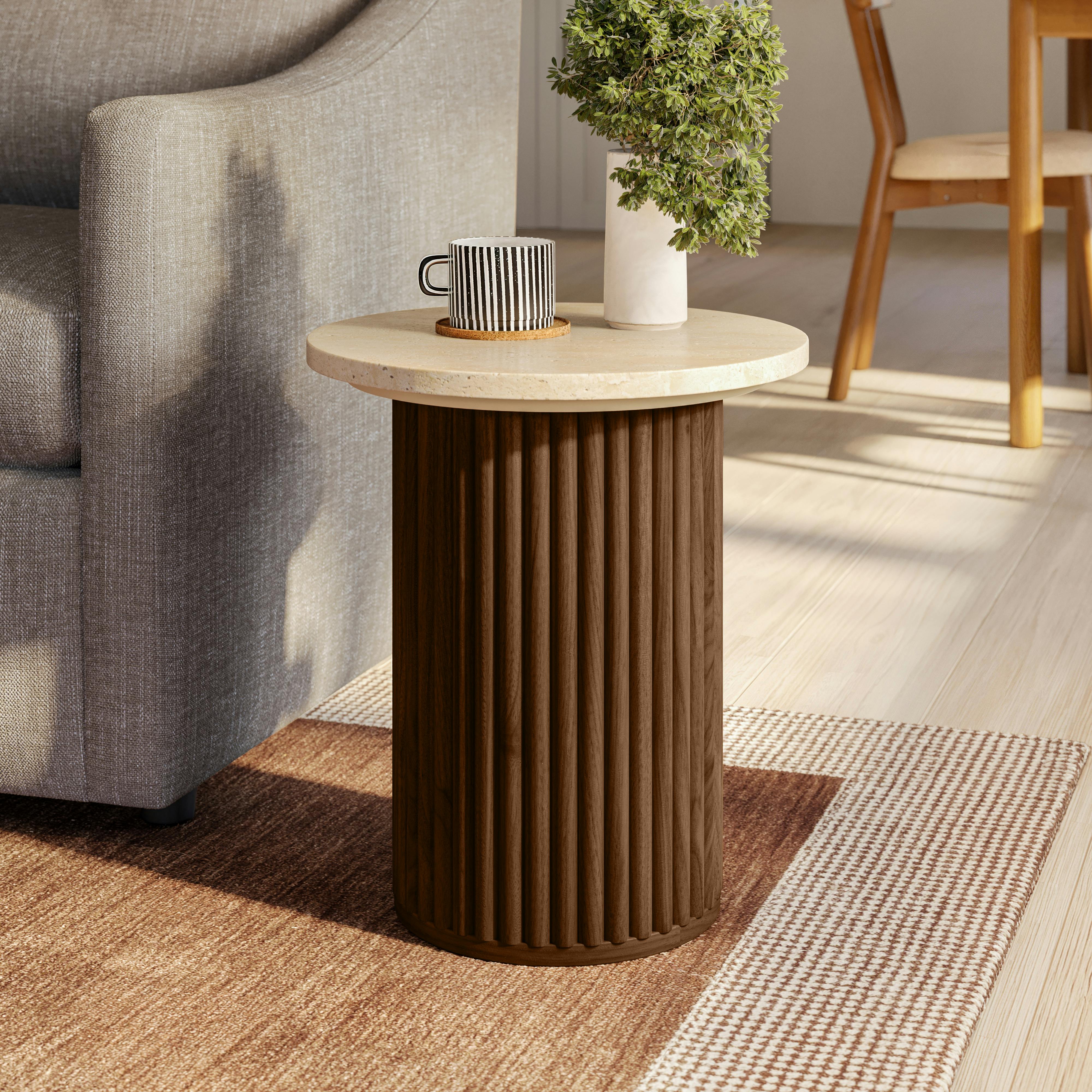 Tala Travertine & Walnut Round Side Table | Article