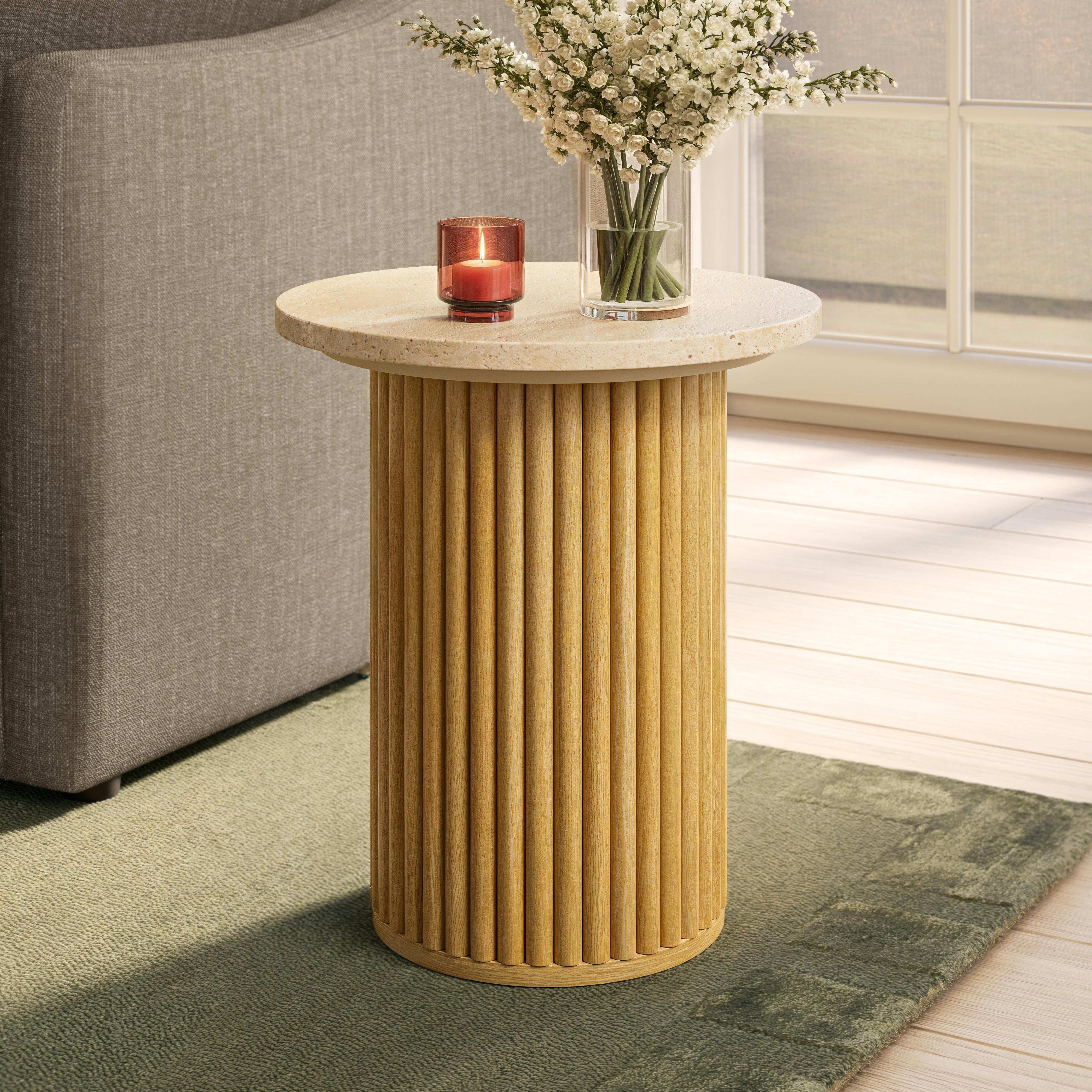 Tala Travertine & Natural Oak Round Side Table | Article