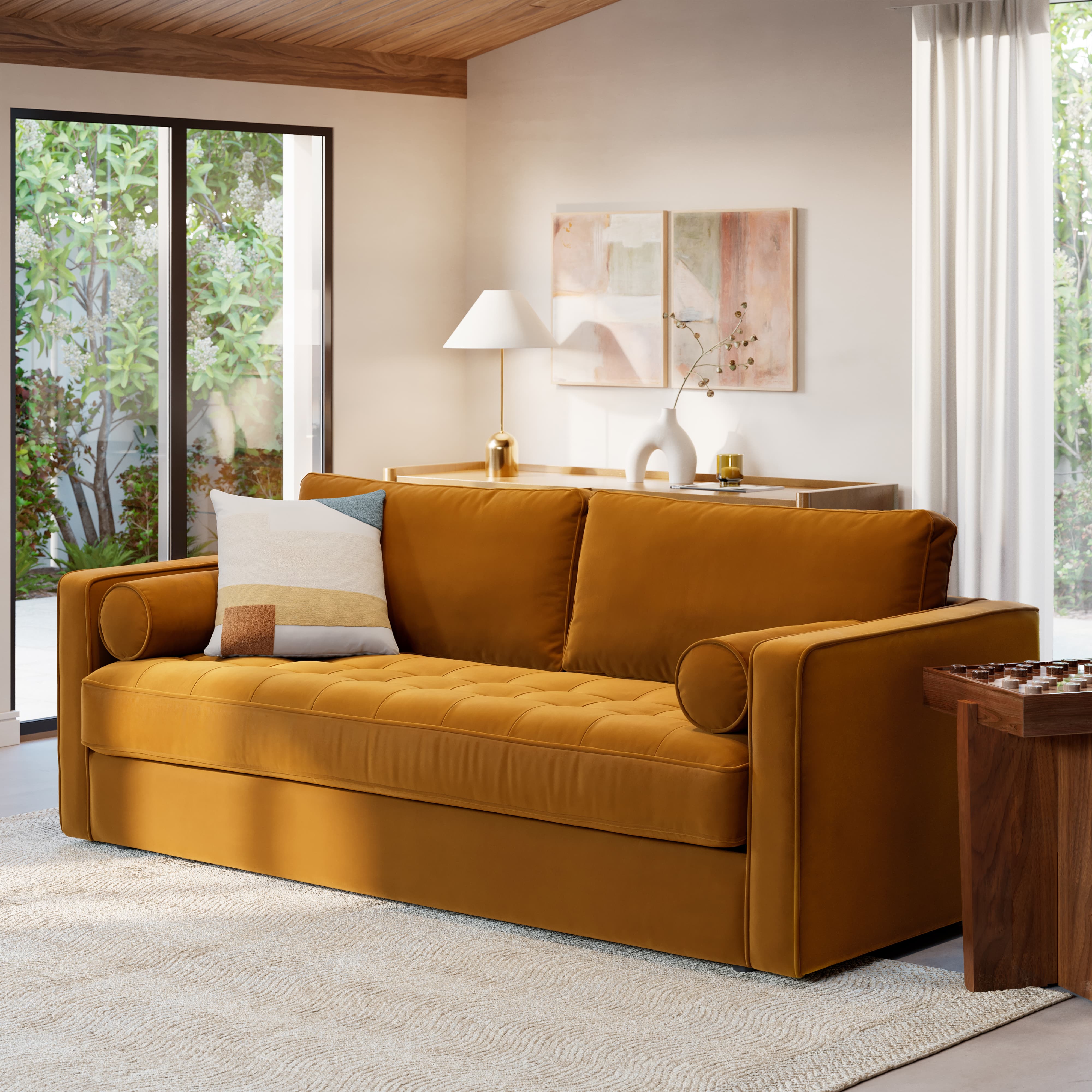 Sven Plush Pacific Ginger Grounded Tufted Velvet Sofa | Article