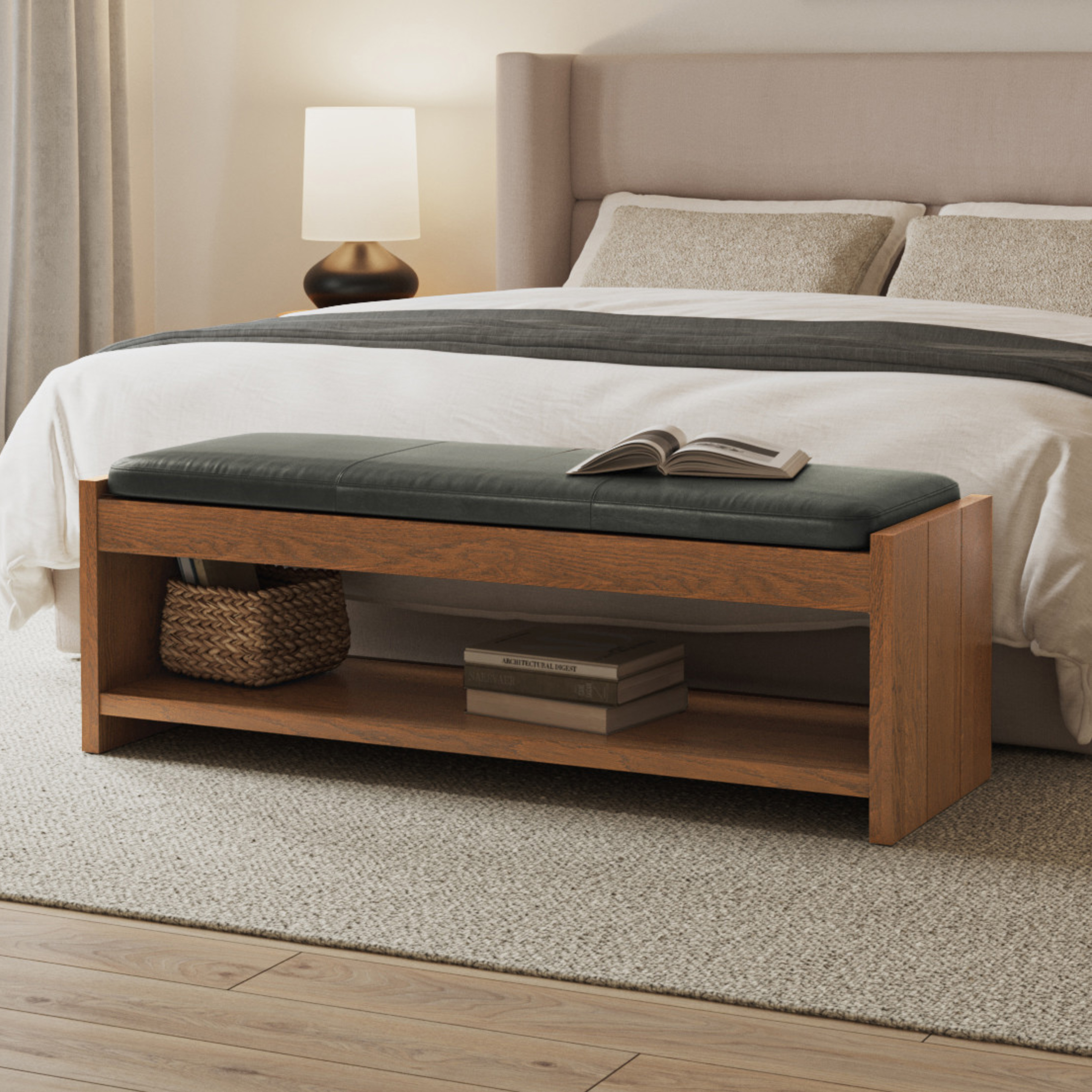 Cassie Charme Green Leather & Smoked Oak Bench | Article