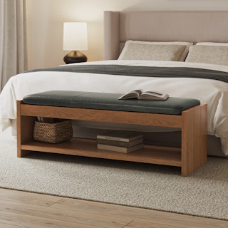 Cassie 56" Leather Bench - Smoked Oak and Charme Green