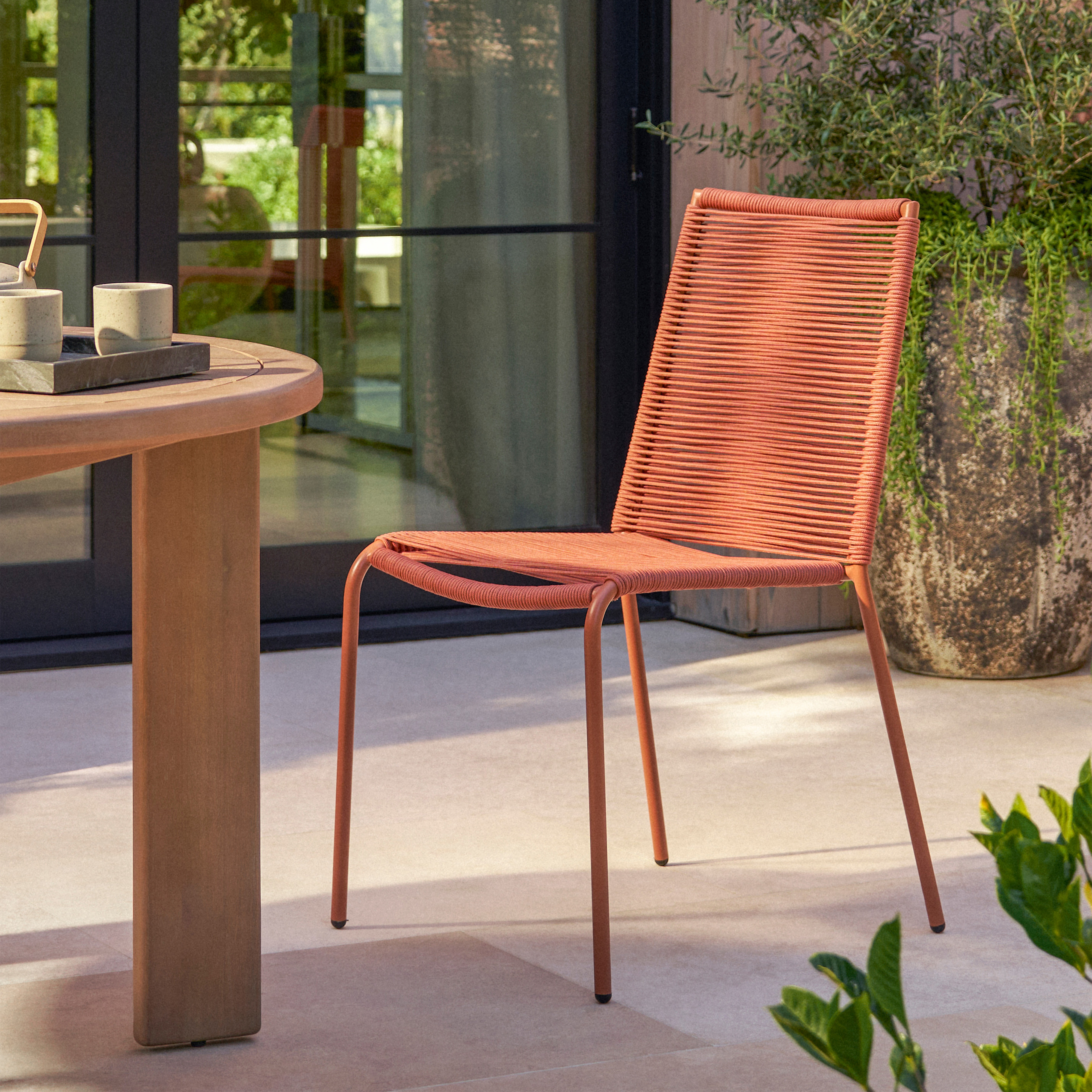 Powder-coated Steel Framed Ochre Brown Woven Rope Dining Chair