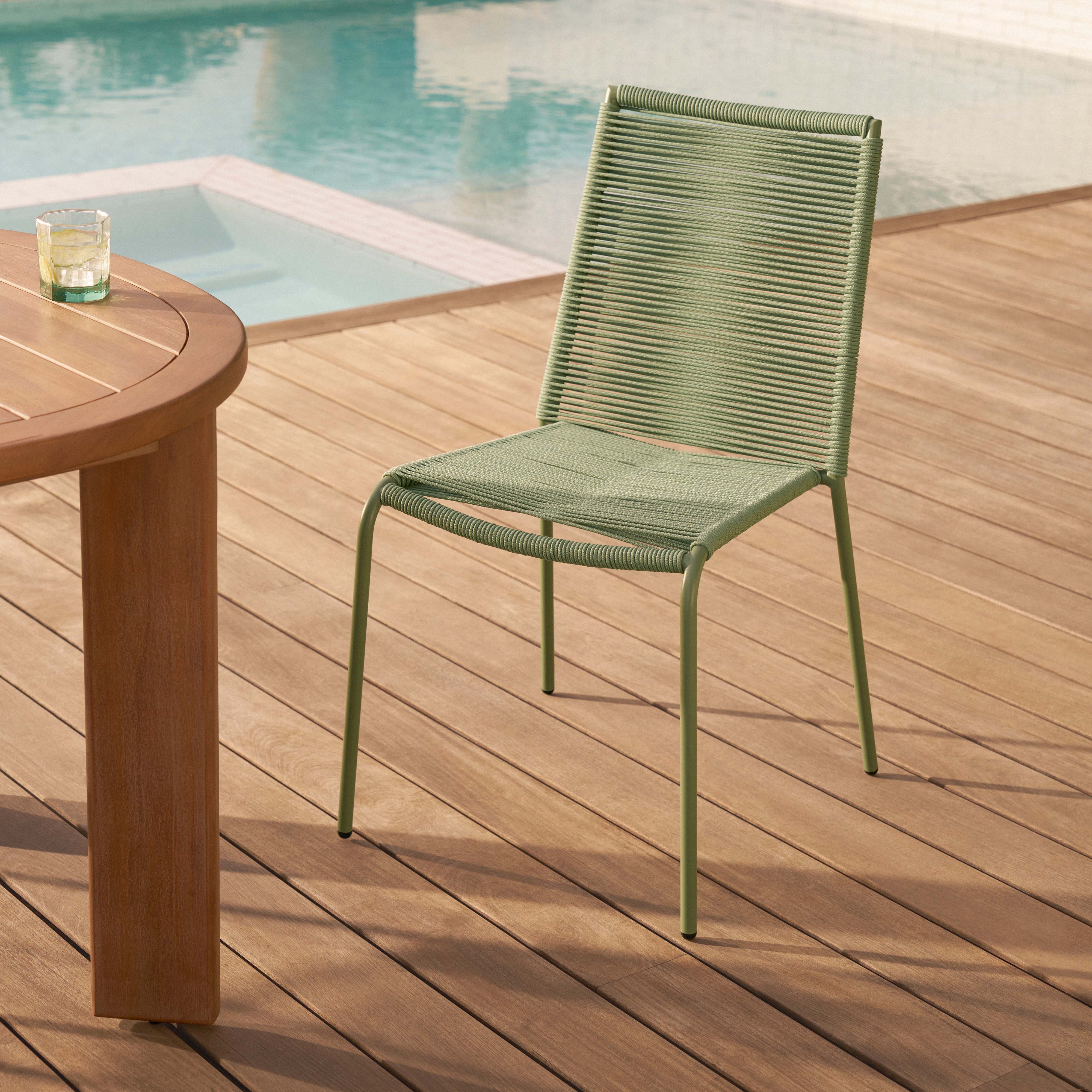 Powder-coated Steel Framed Khaki Green Woven Rope Dining Chair