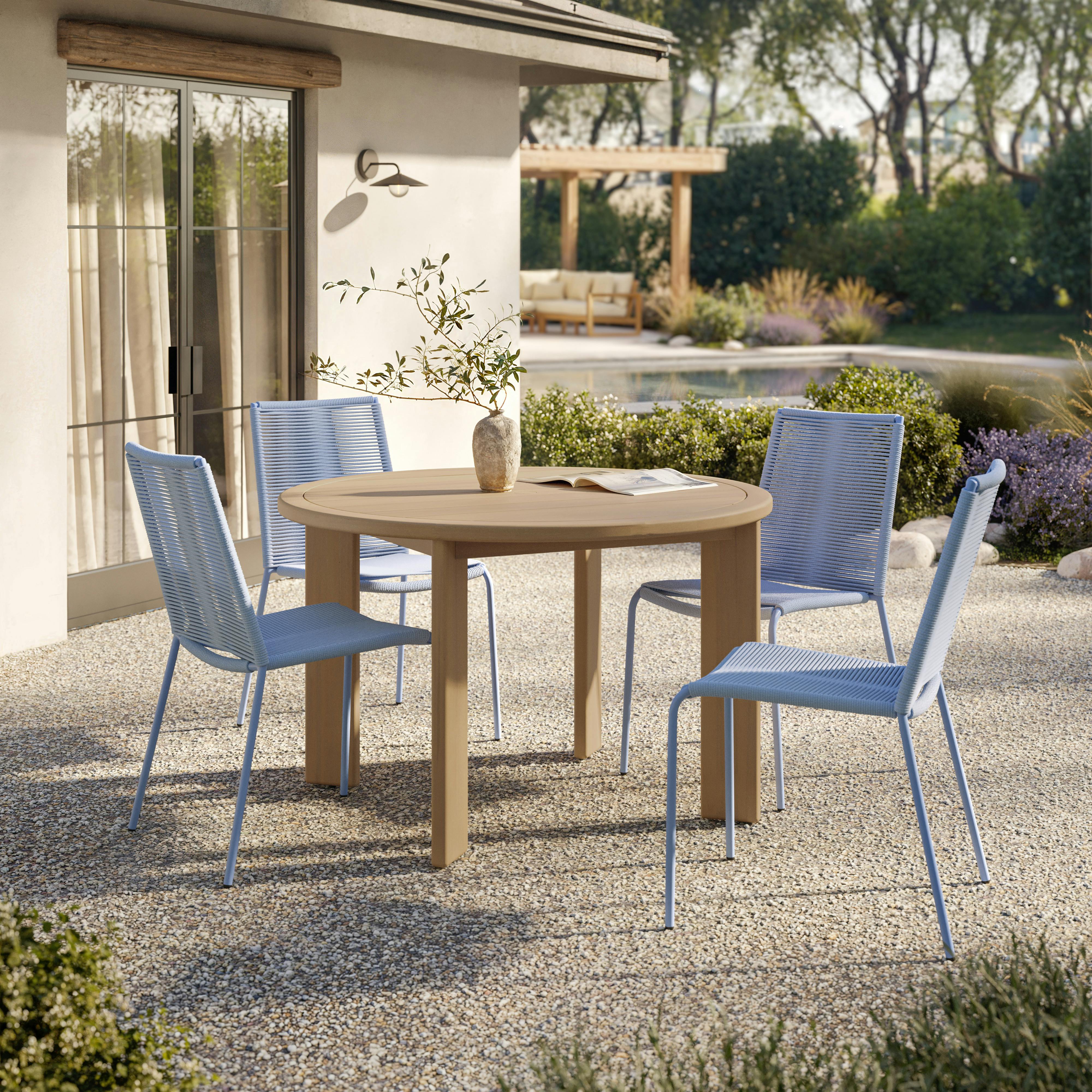 Powder-coated Steel Framed Summer Blue Woven Rope Dining Chair