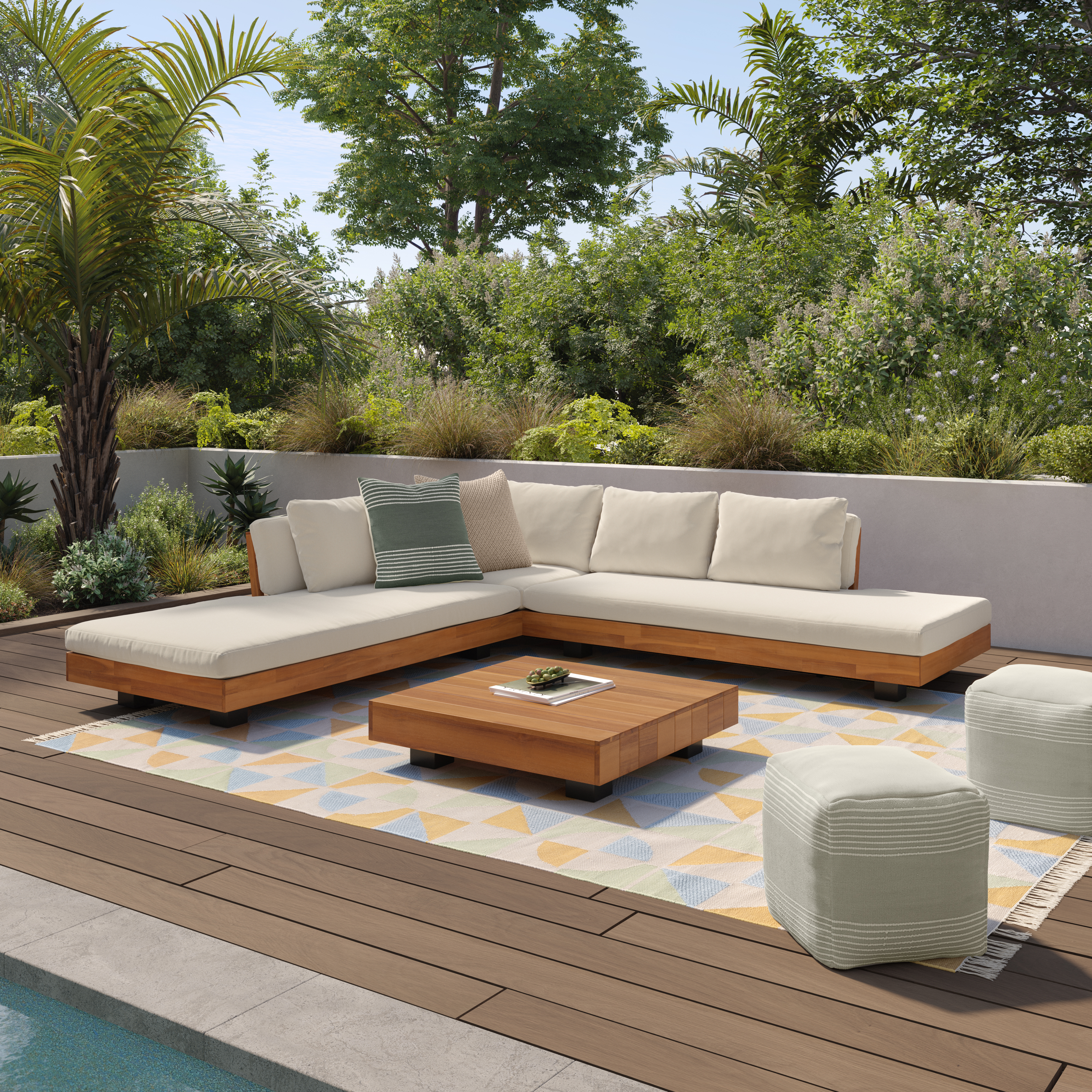 Acacia Wood & Dravite Ivory Outdoor Sectional | Lubek | Article