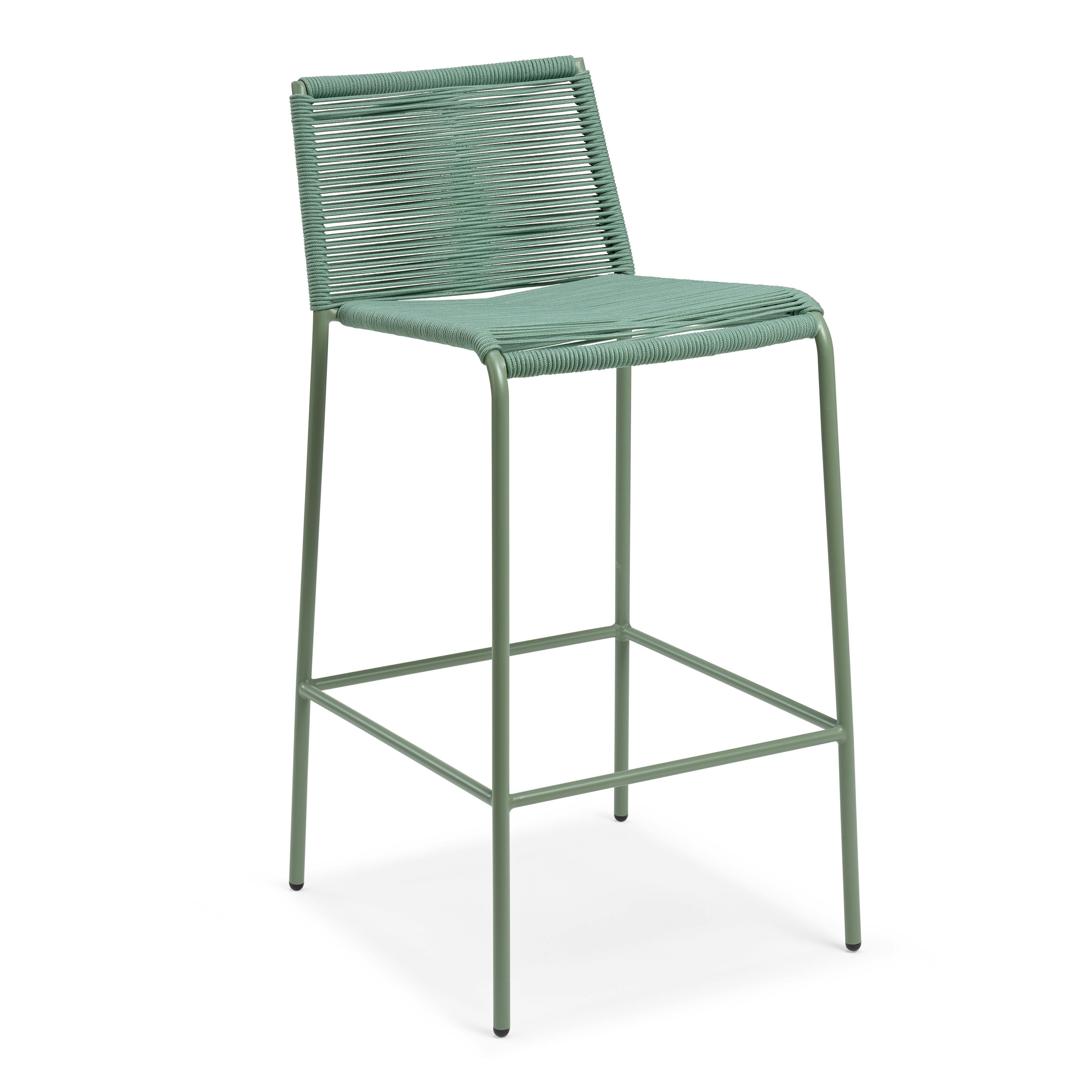 Powder-coated Steel Framed Khaki Green Woven Rope Bar Stool | Zina