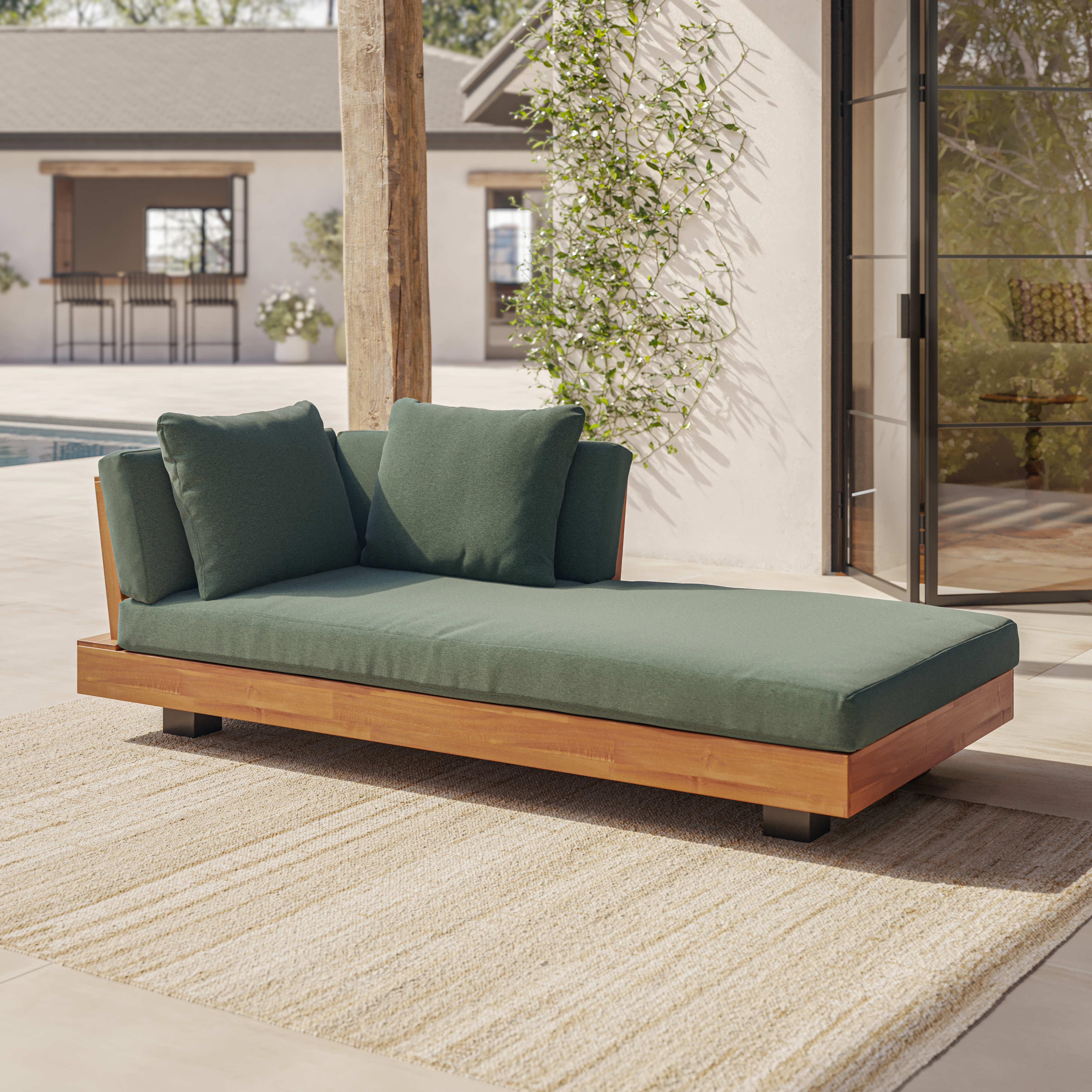 Lubek Solid Acacia Wood & Dravite Green Outdoor Right Chaise | Article