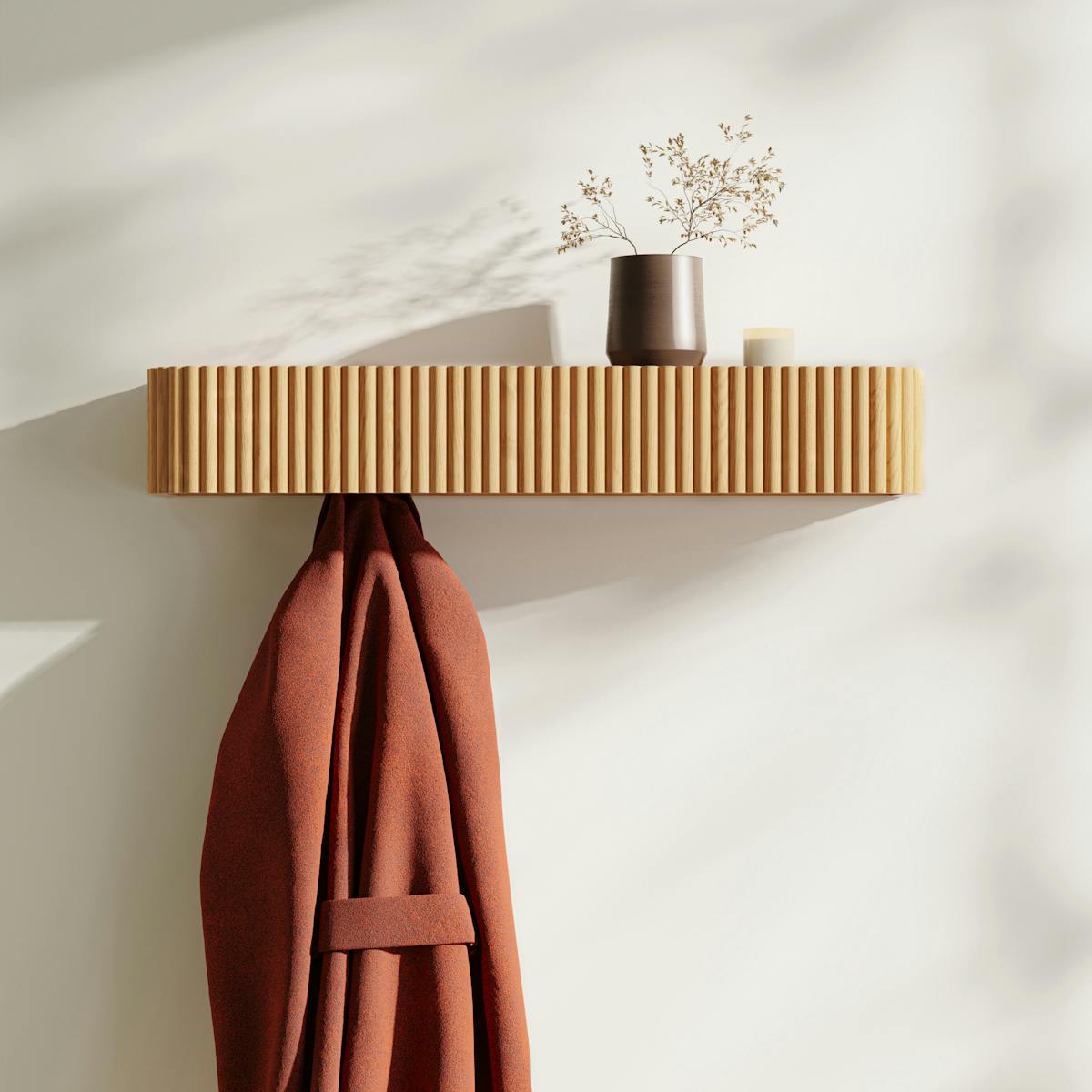 Liv Brass and White Oak Narrow Shelf and Coat Rack | Article