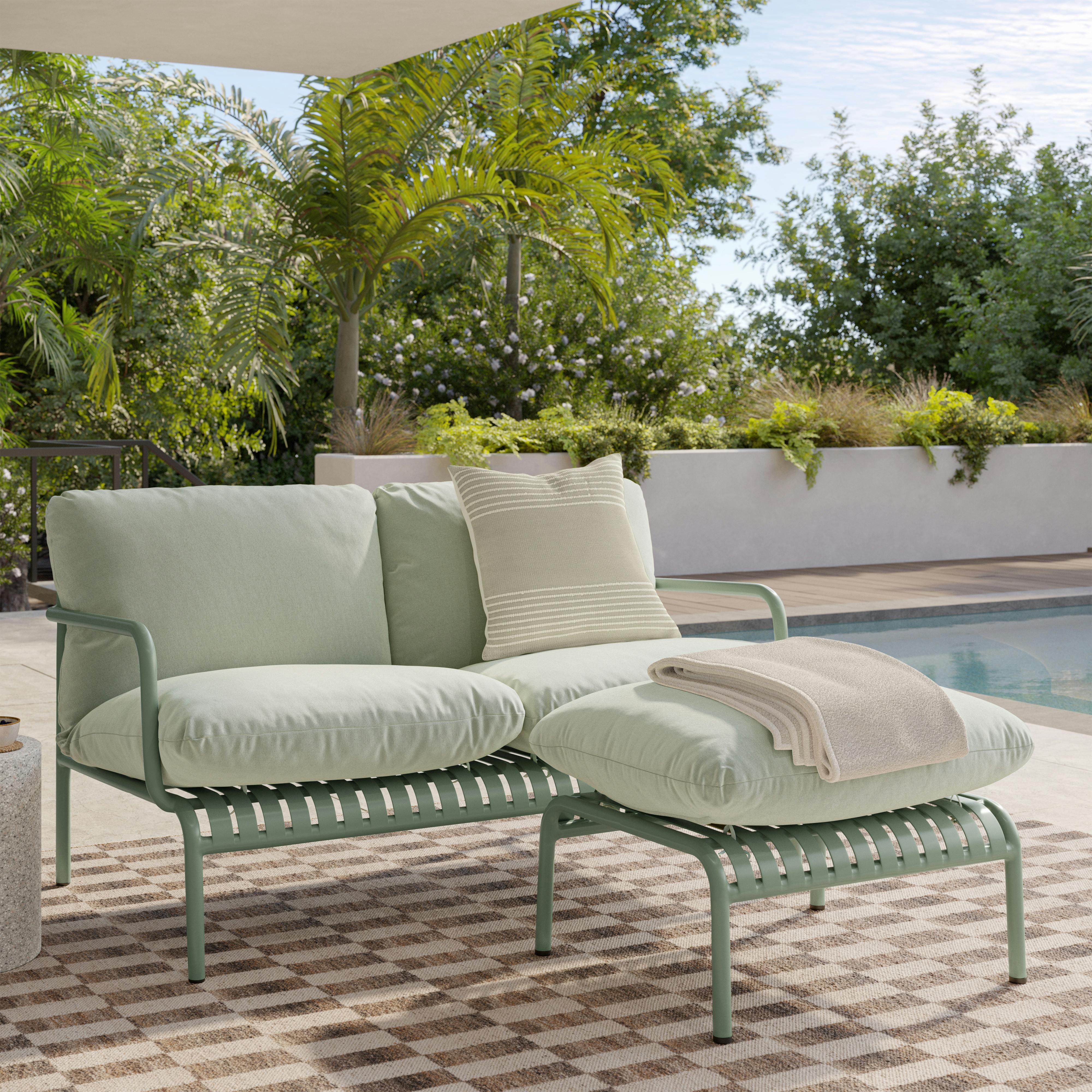 Sarek Sunbrella® Mint and Khaki Green Outdoor Loveseat | Article