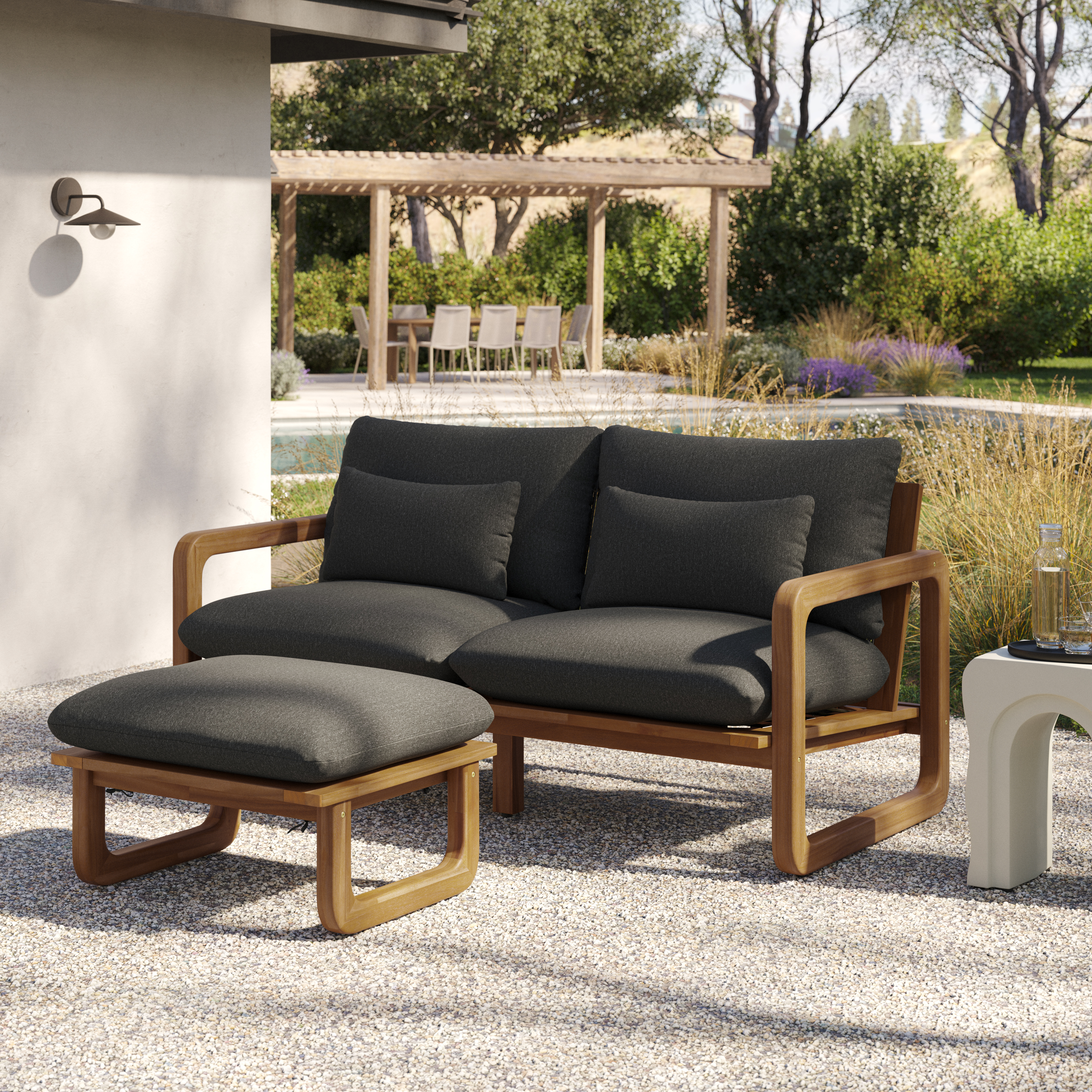 Laholm Dravite Black Fabric & Acacia Wood Outdoor Loveseat and