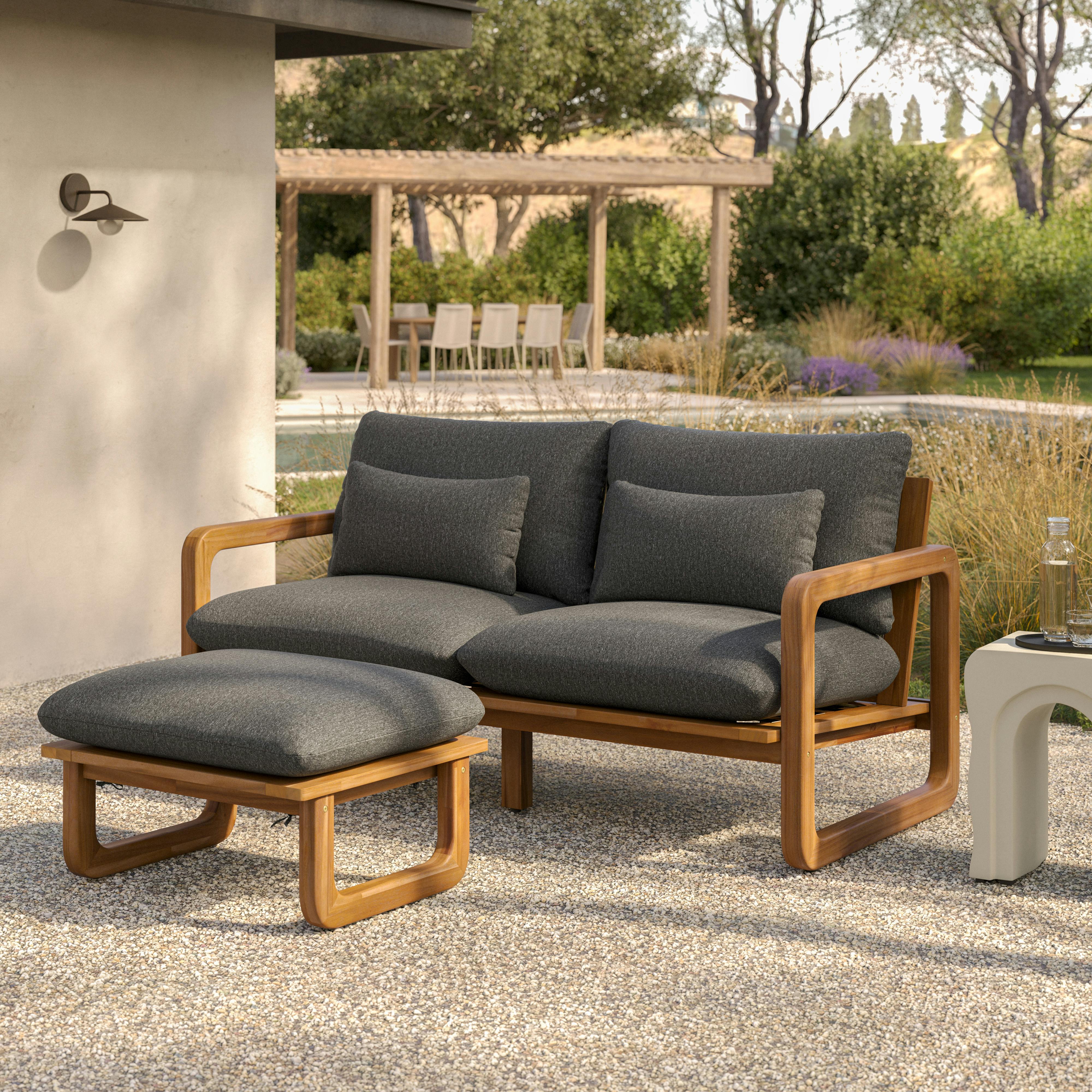 Laholm Dravite Black Fabric & Acacia Wood Outdoor Loveseat and
