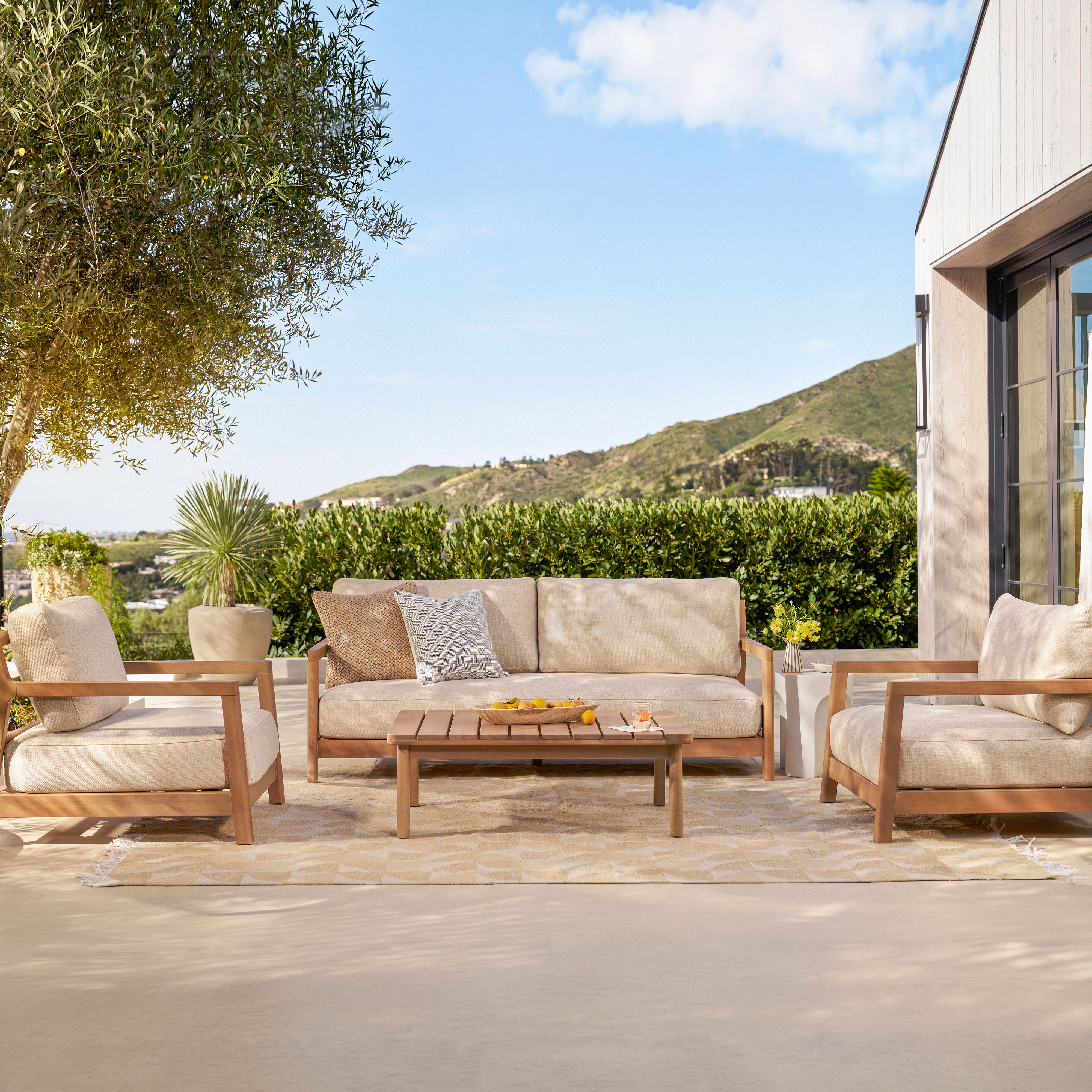 Elise Eucalyptus and Basket Beige Outdoor Sofa and Two Lounge Chair Set