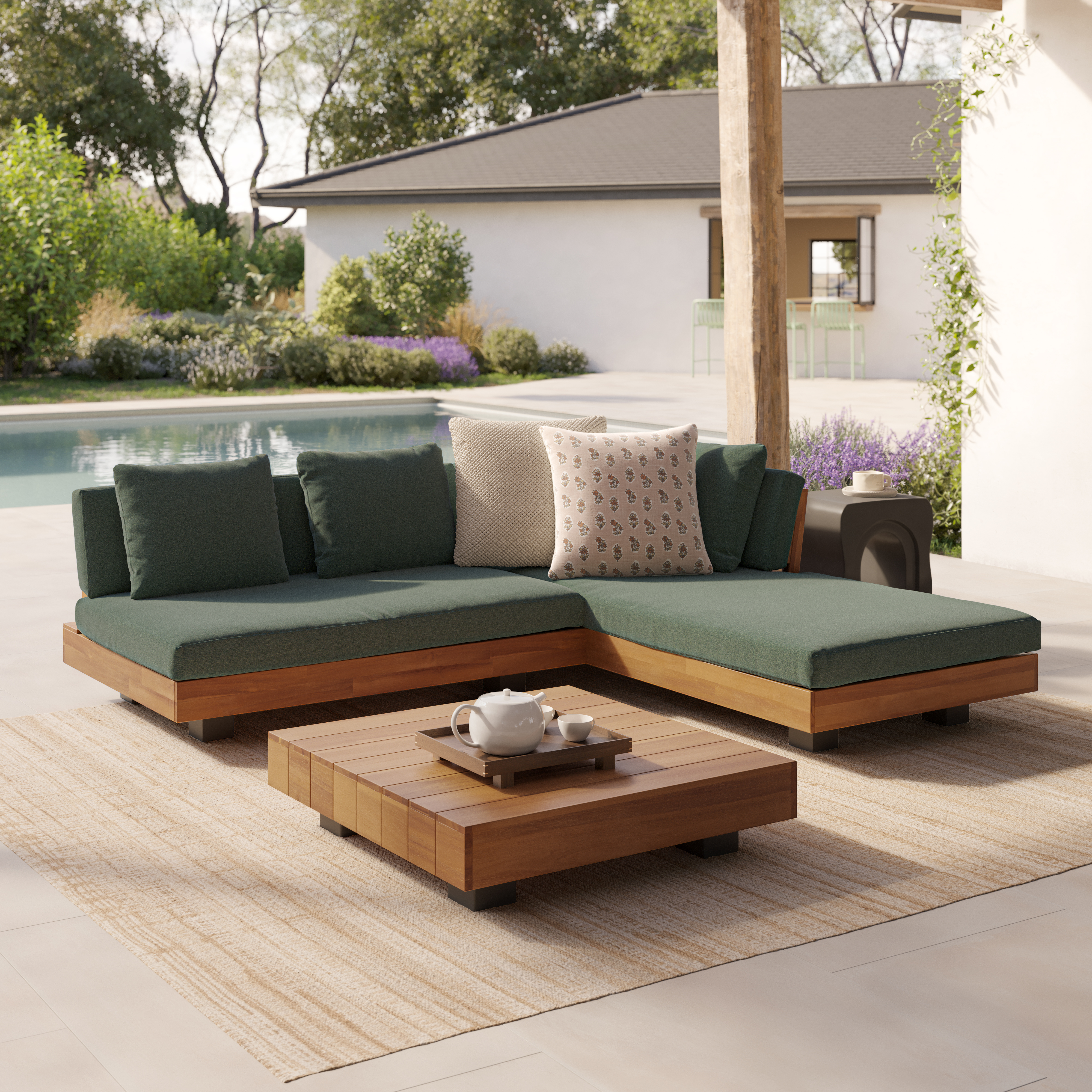 Lubek Solid Acacia Wood & Dravite Green Outdoor Right Sectional