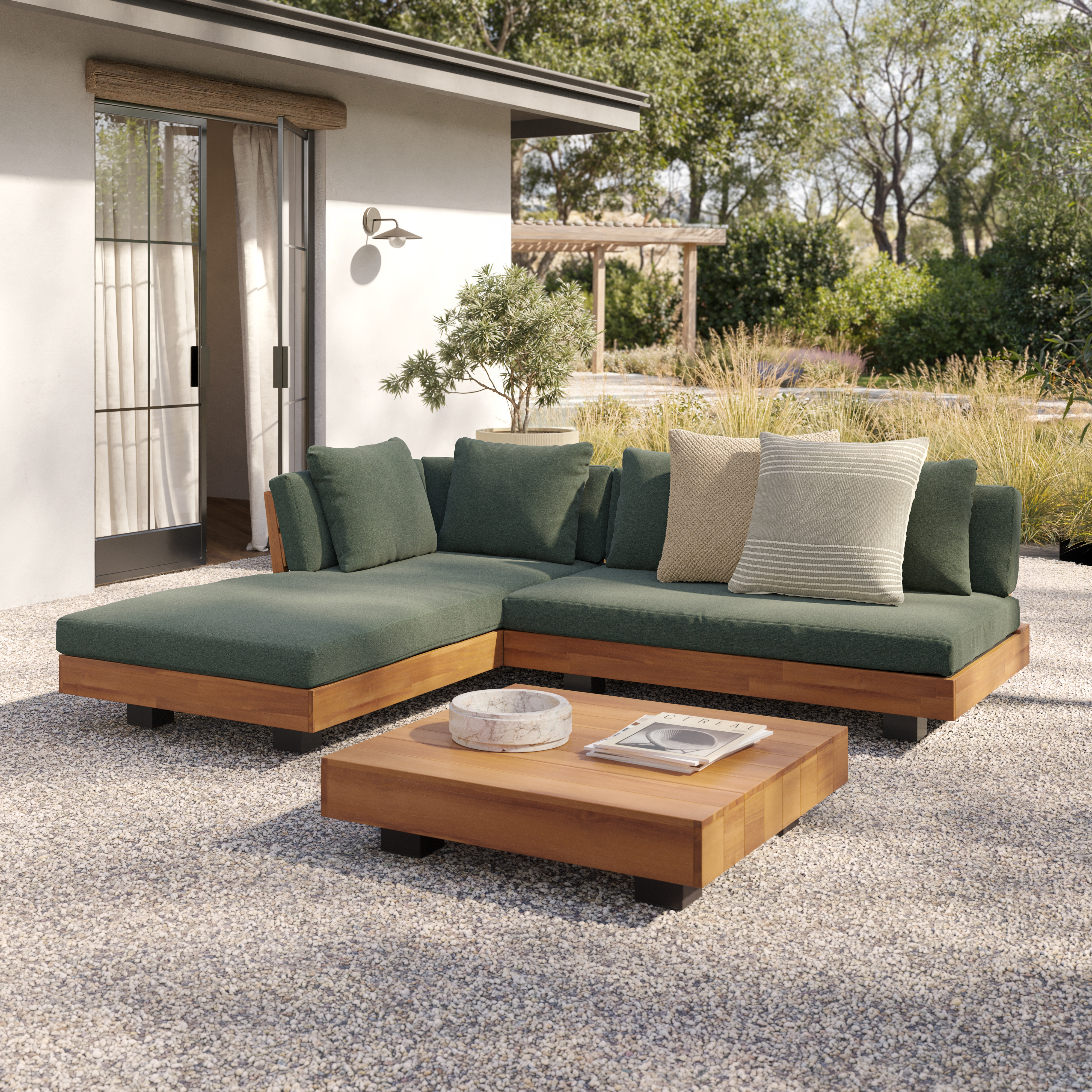 Lubek Solid Acacia Wood & Dravite Green Outdoor Right Sectional