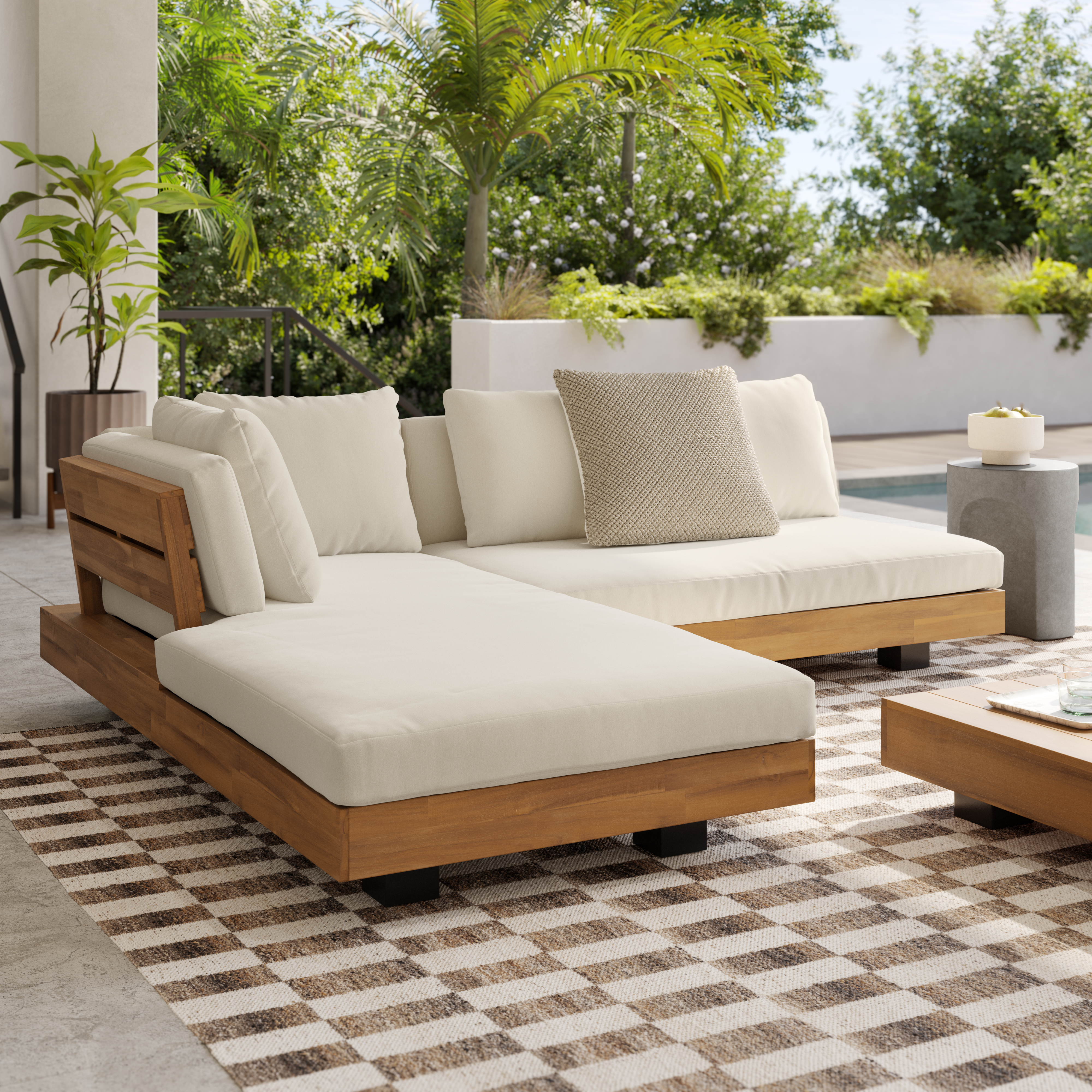 Lubek Solid Acacia Wood & Dravite Ivory Outdoor Right Sectional