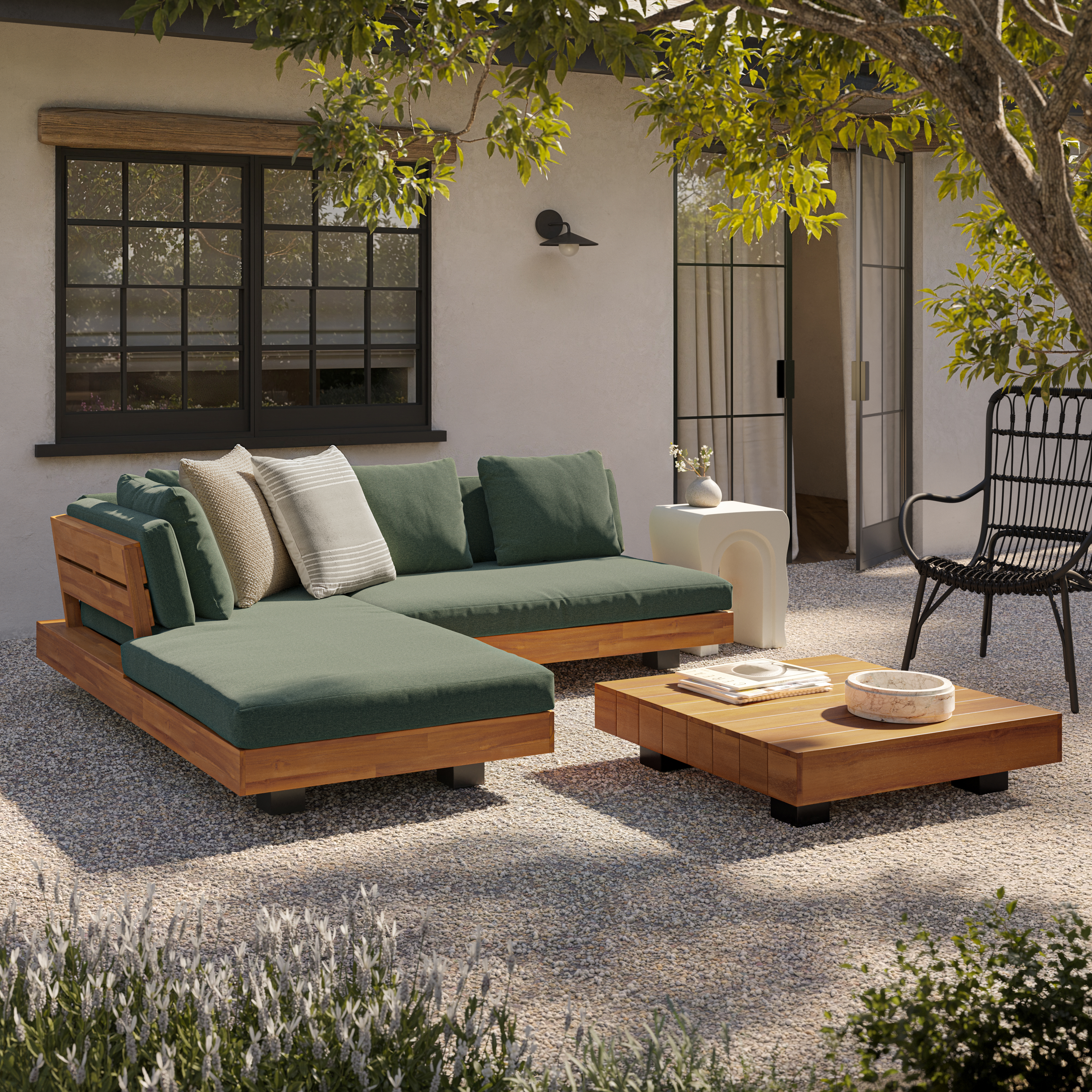 Acacia Wood & Dravite Green Outdoor Low Left Sectional Set with