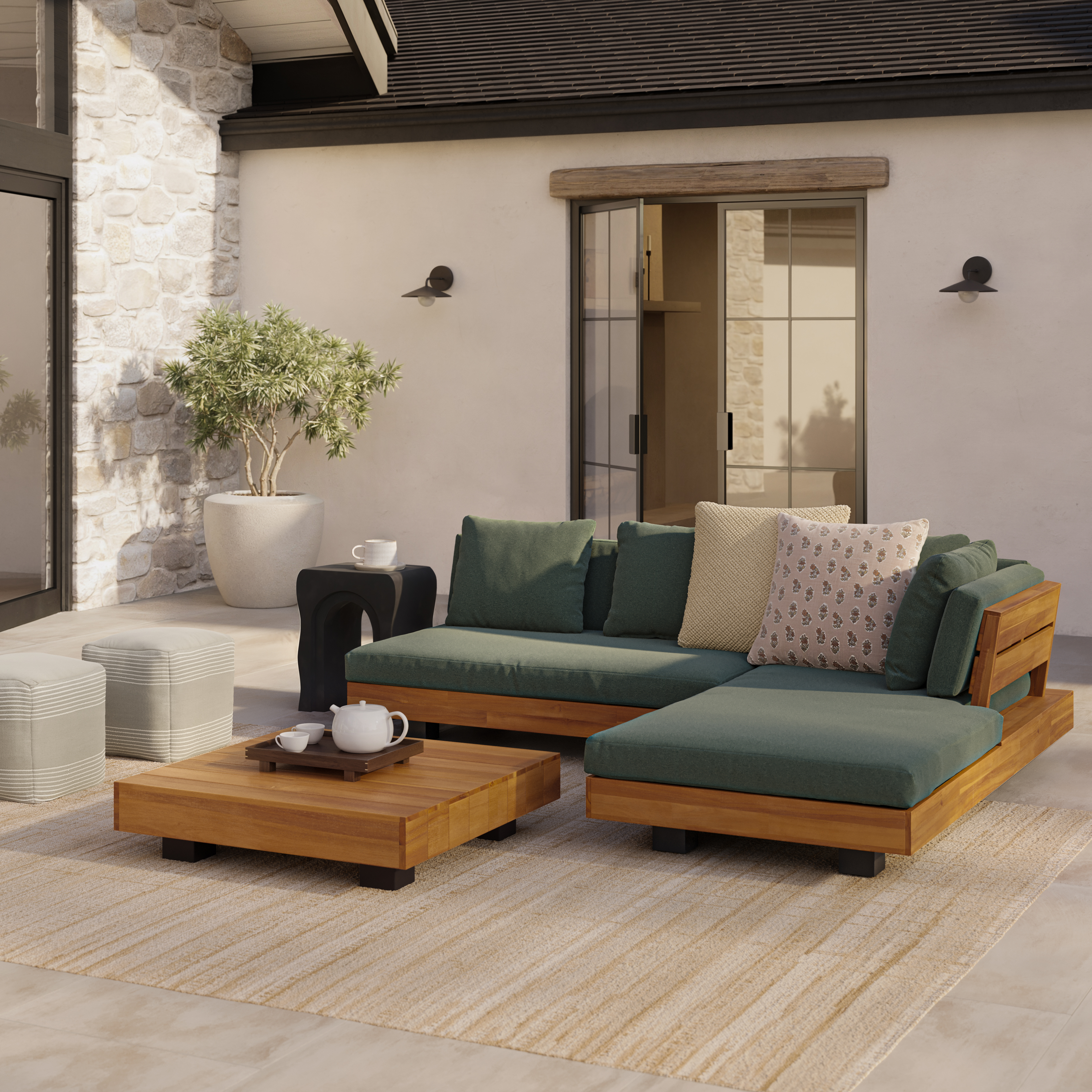 Acacia Wood & Dravite Green Outdoor Low Left Sectional Set with
