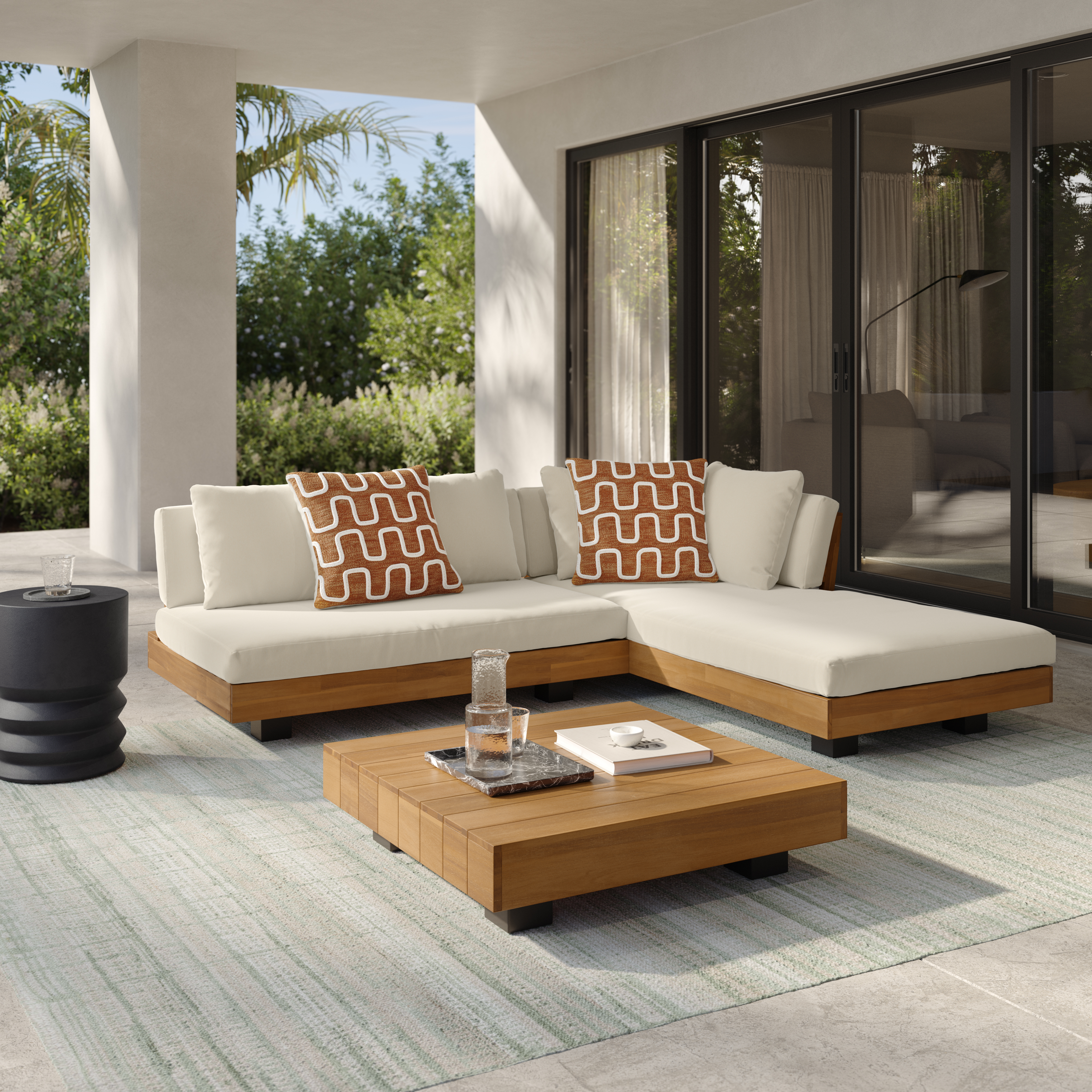 Acacia Wood & Dravite Ivory Outdoor Low Left Sectional Set with