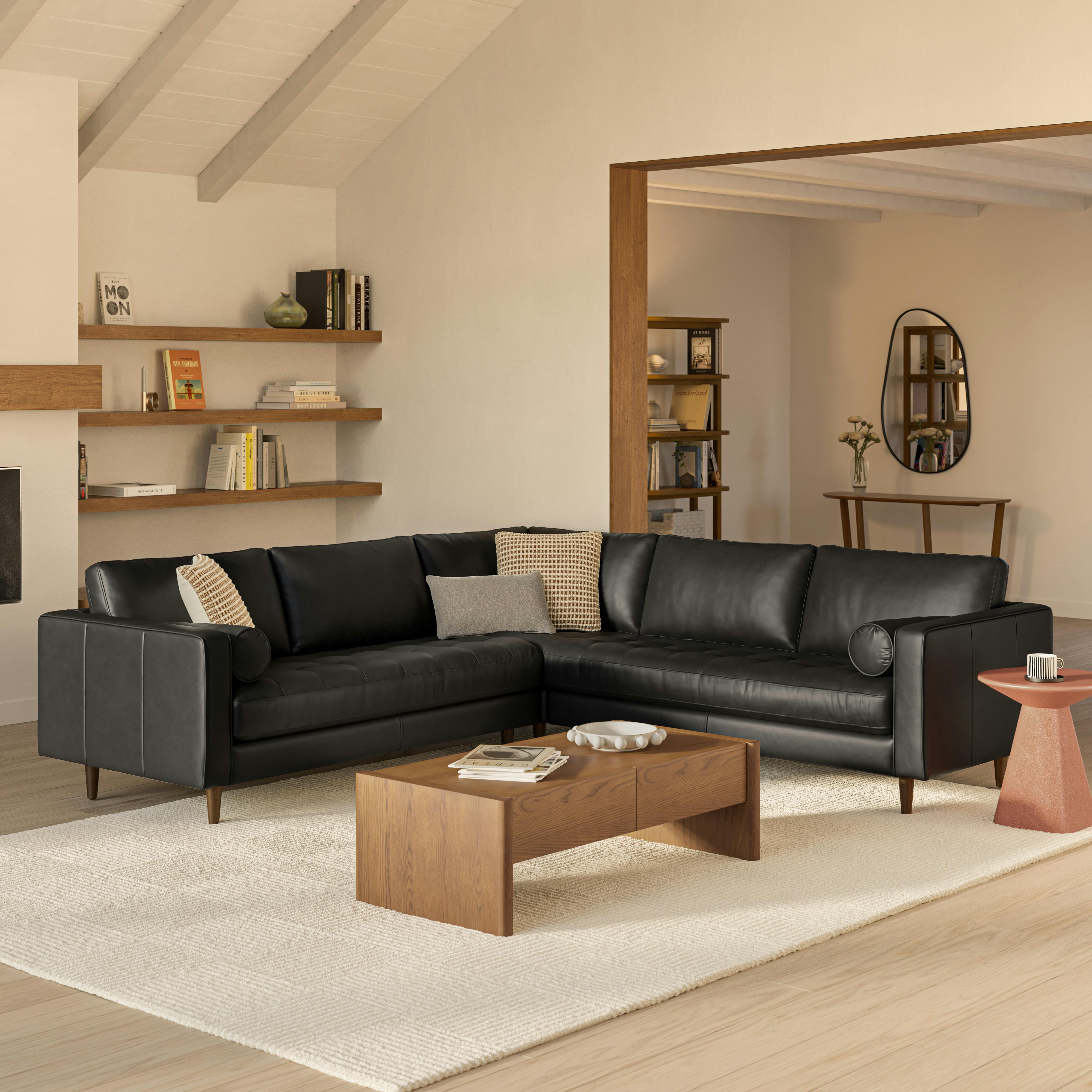 Sven Oxford Black Tufted Leather Small Corner Sectional Sofa | Article