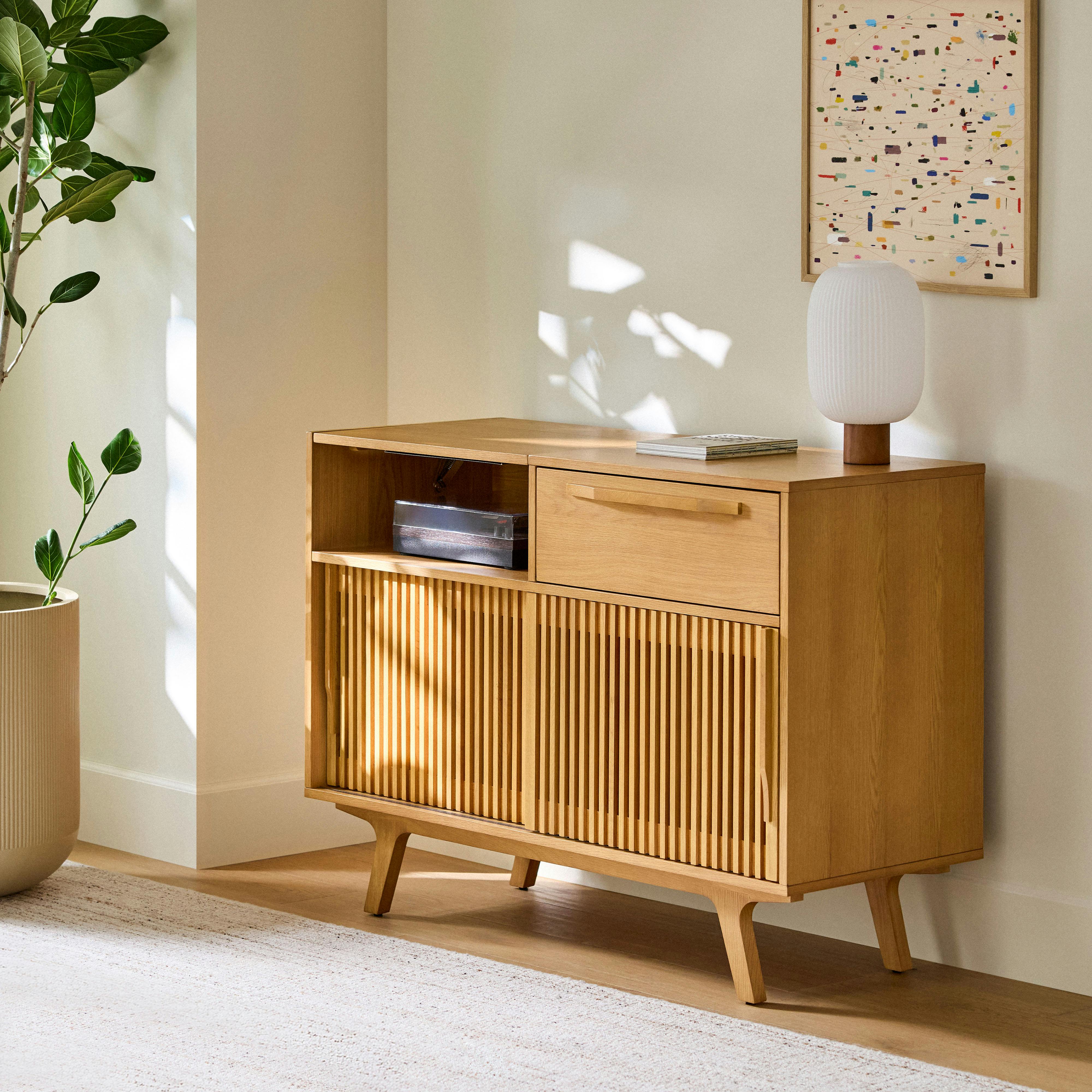 Jokuna Oak Vinyl Media Unit w/ Sliding Doors and Record Player