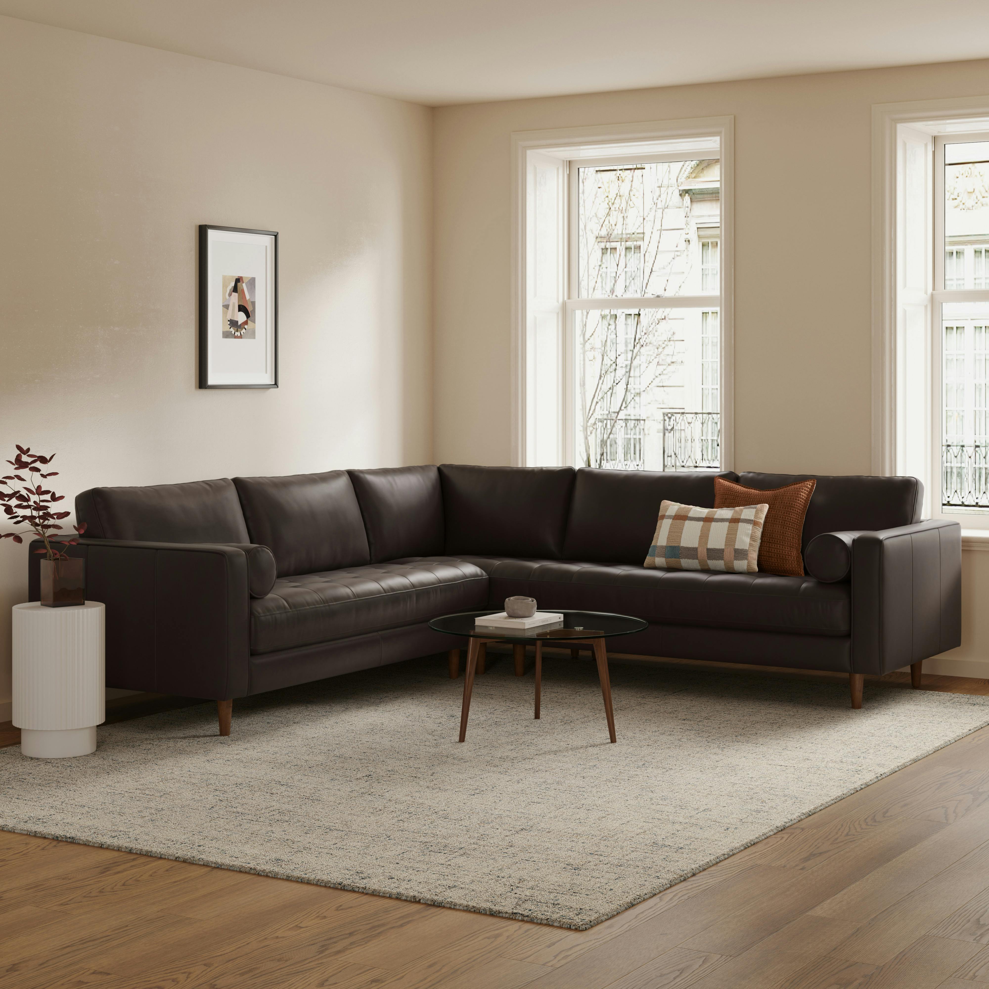Sven Lucia Dark Brown Tufted Leather Corner Sectional Sofa | Article