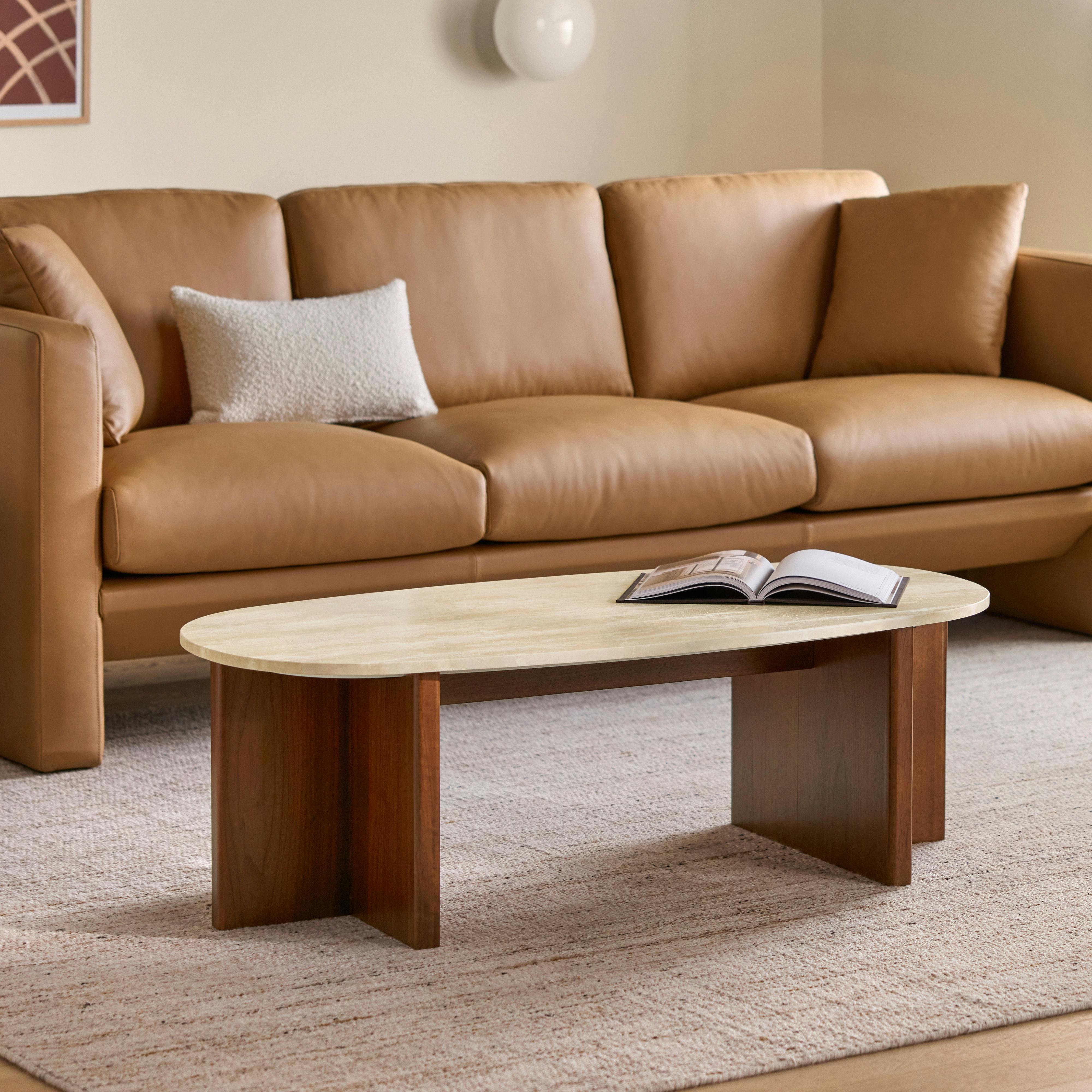 Sporo Travertine Stone & Walnut Oval Coffee Table | Article