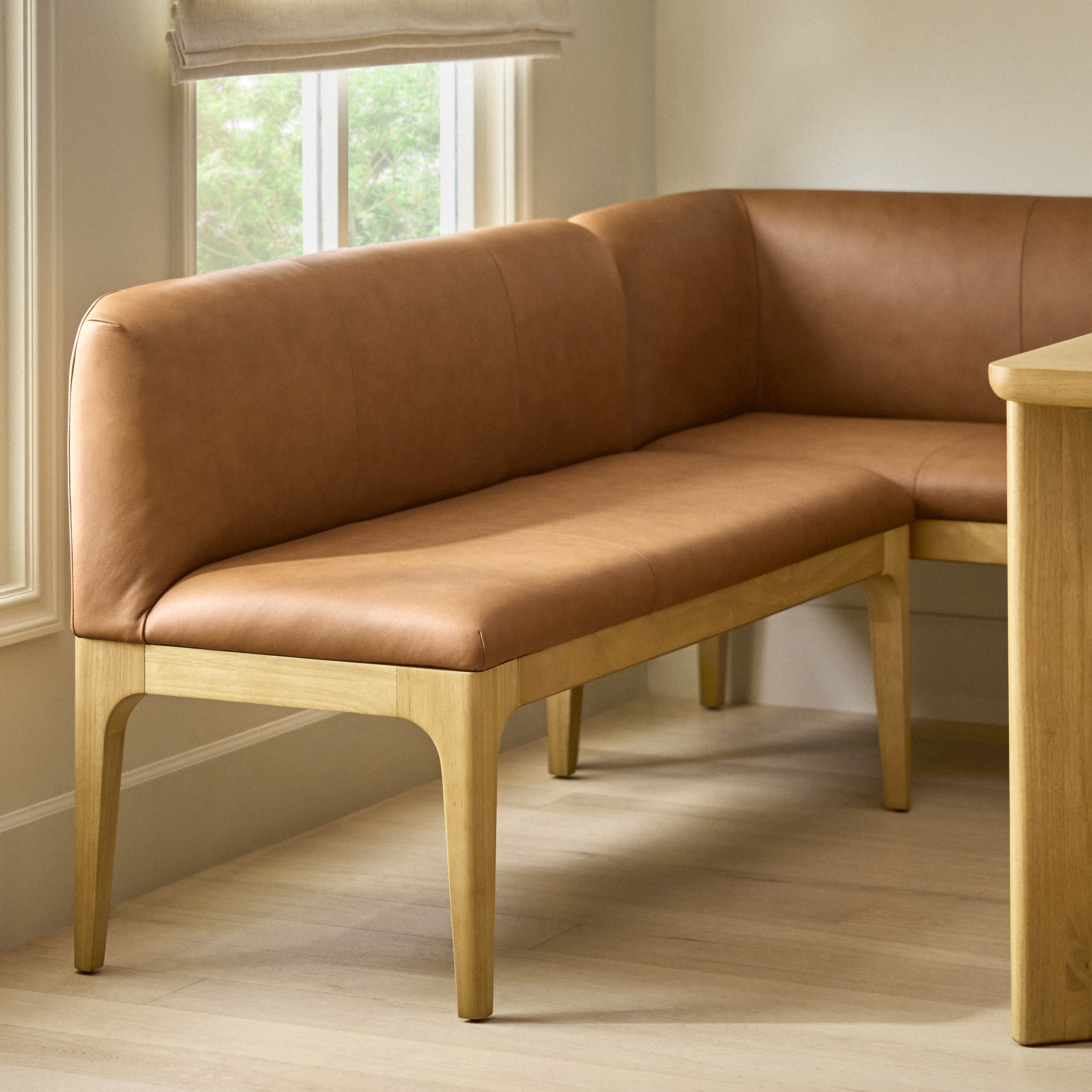 Rosin Natural Oak and Lucia Tan Leather Wide Armless Banquette