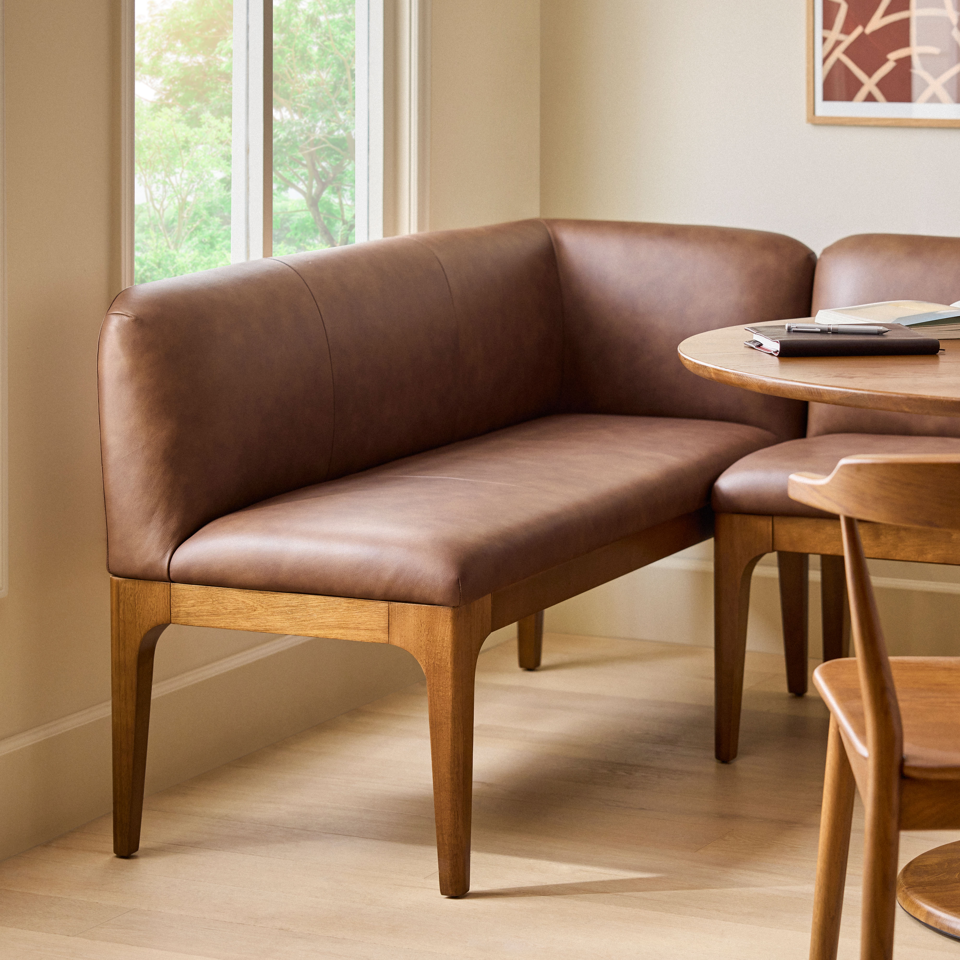 Rosin Smoked Oak and Lucia Brown Leather Right Corner Banquette