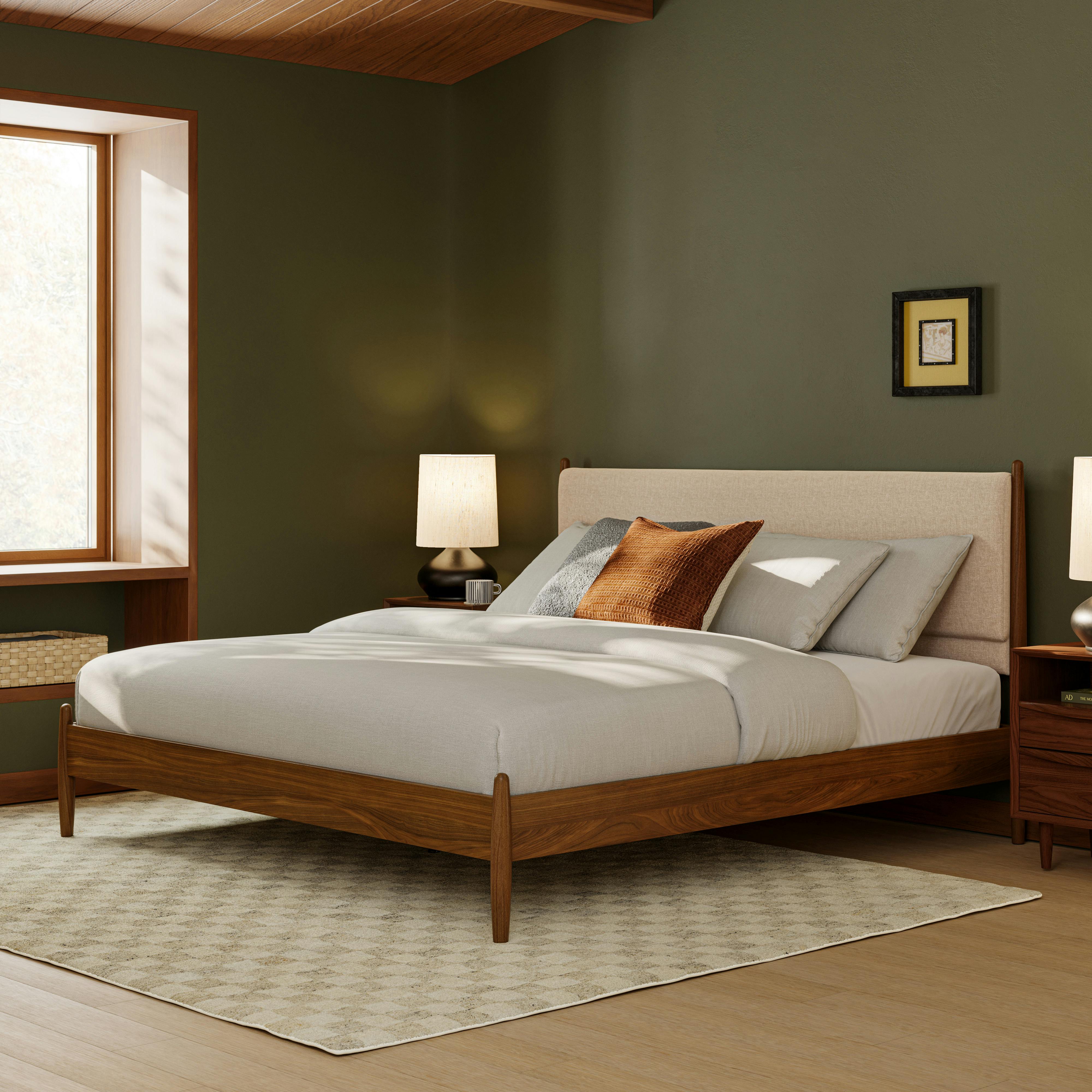 Lenia Walnut and Hestia Buff King Upholstered Panel Bed | Article