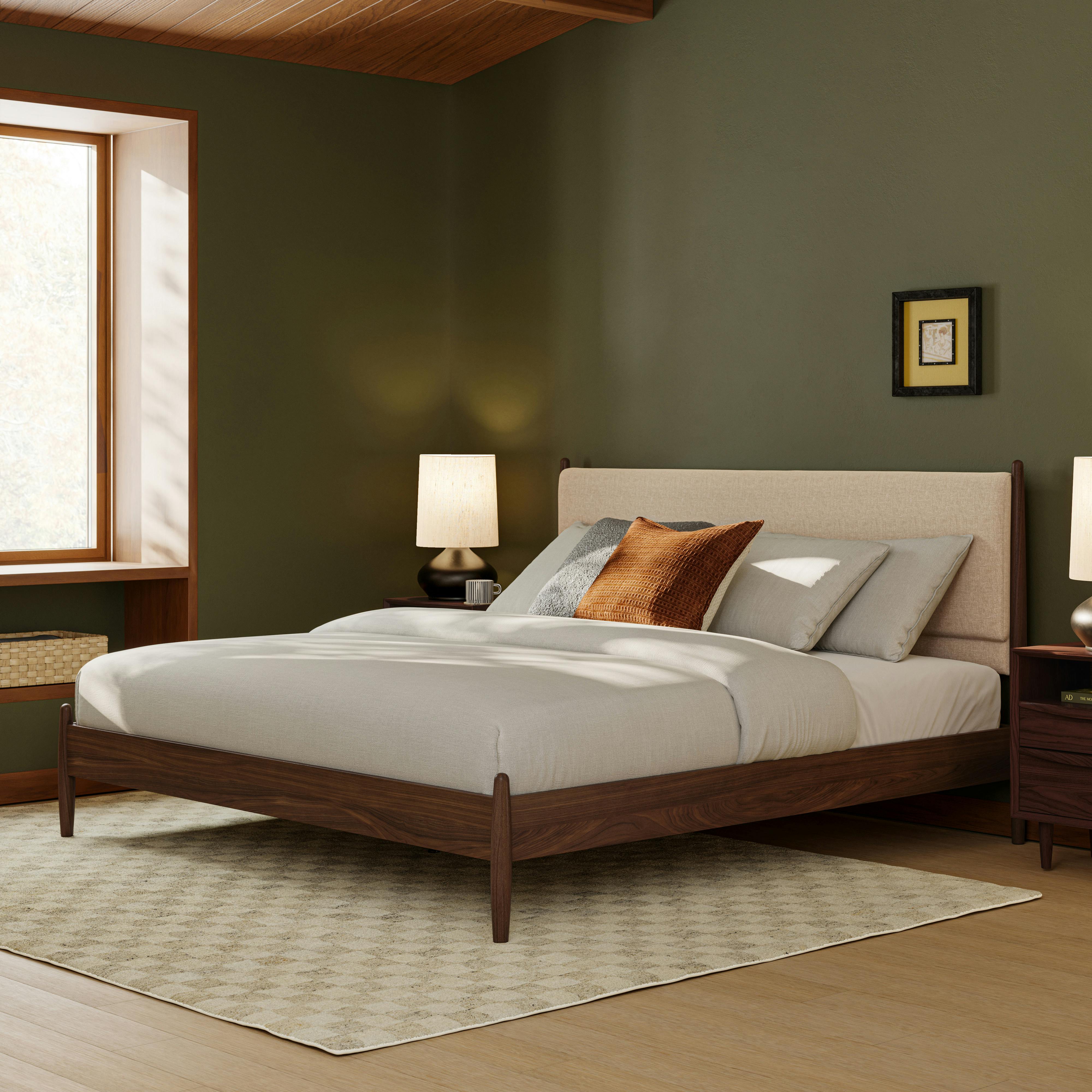 Lenia Walnut and Hestia Buff King Upholstered Panel Bed | Article