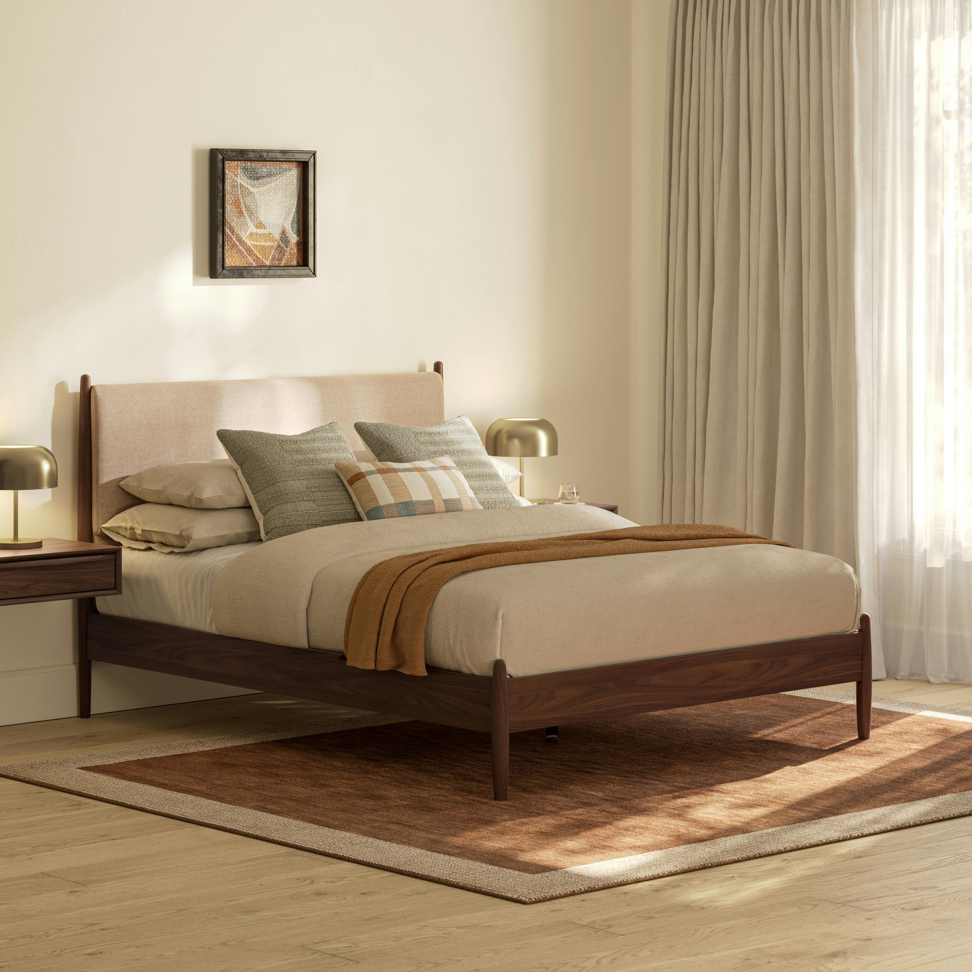 Lenia Walnut and Hestia Buff Queen Upholstered Panel Bed | Article