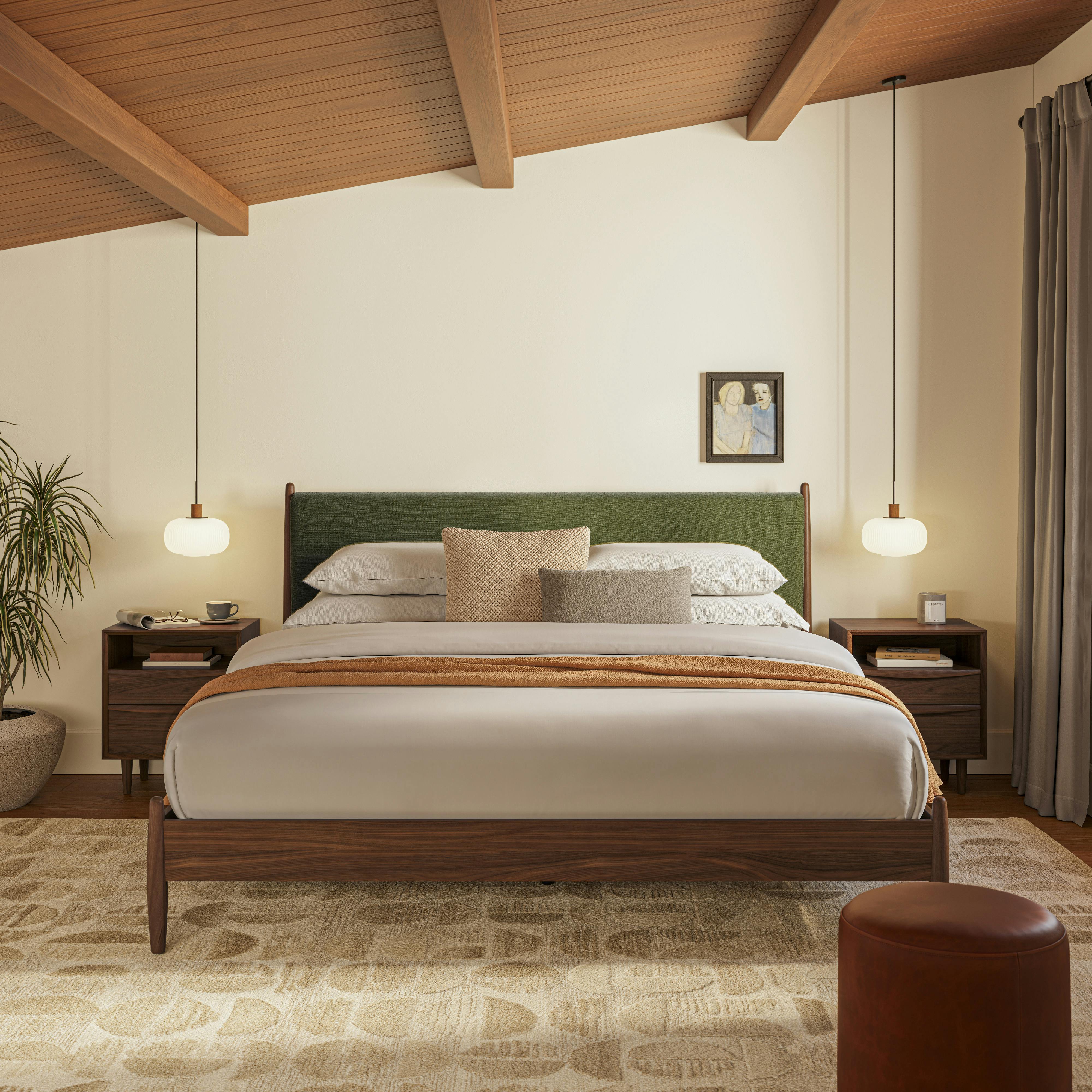 Lenia Walnut and Flou Moss King Upholstered Panel Bed | Article